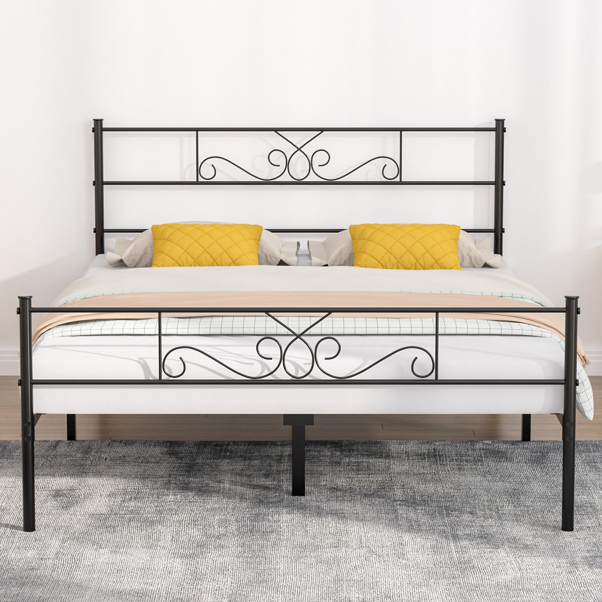 VECELO Queen Size Bed Frame with Headboard and Footboard,Metal Platform Mattress Foundation, No Box Spring Needed,Non-Slip, Easy Assembly, Black
