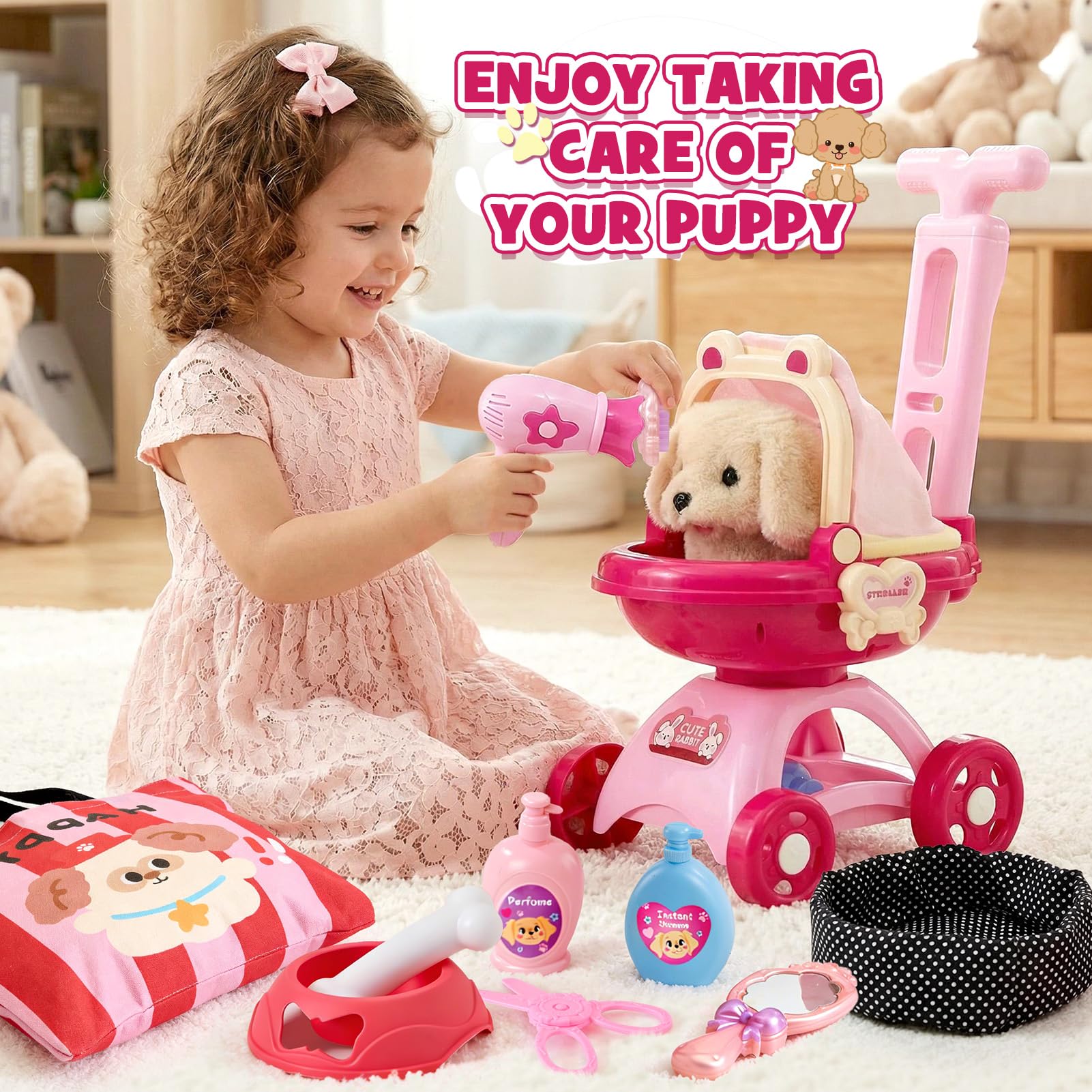 Chien Jouet Enfant Chien Interactif Electronique Qui Marche et Aboie avec Poussette Jouet, Peluche Chien Interactif Réaliste Jeu De Rôle Nourrir Baigner Anniversaire Noël Cadeau pour Fille Enfant