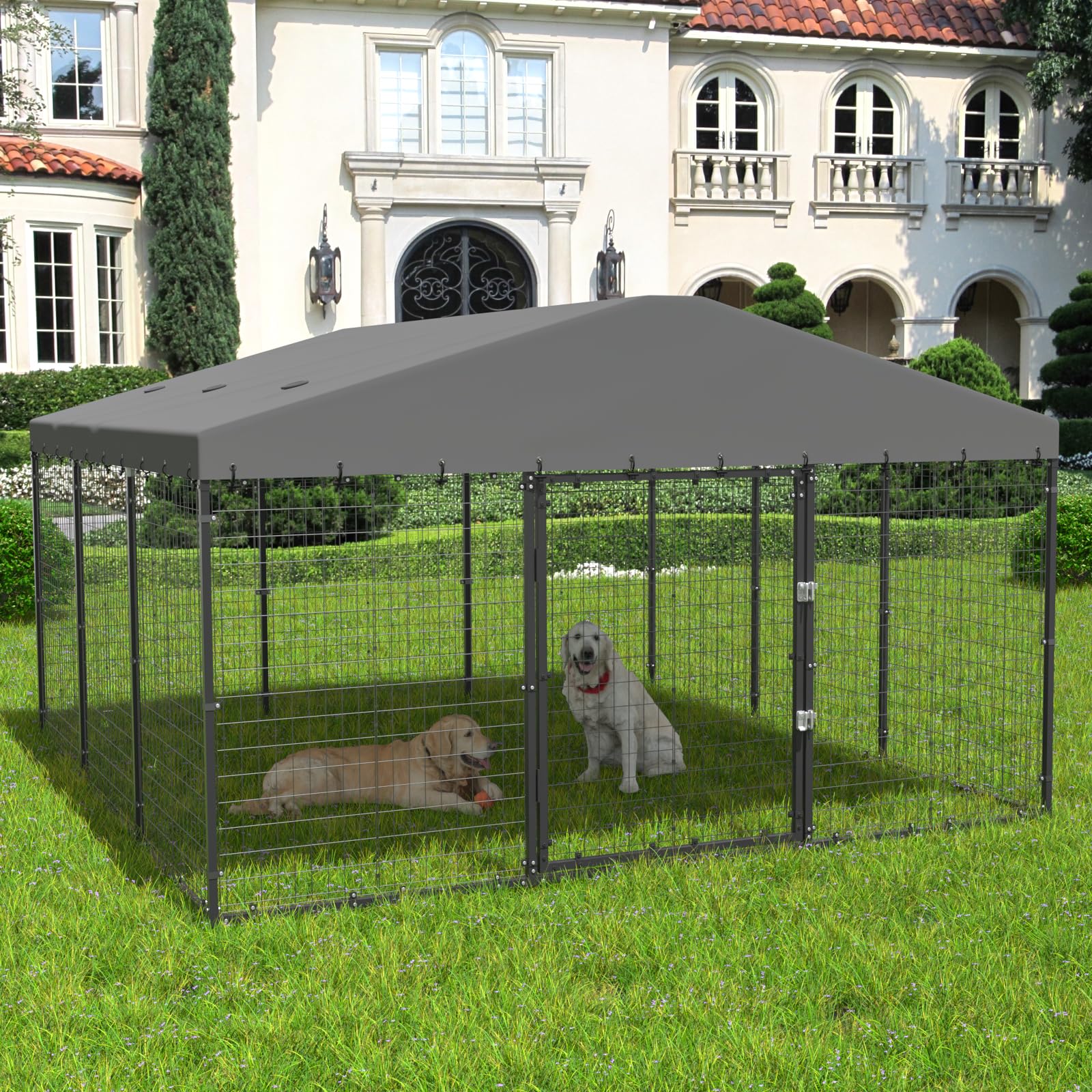 ALAULM10'x10' Large Outdoor Dog Kennel with Waterproof Roof Cover, Heavy Duty Dog Enclosures w/Upgraded Metal Grid and Door Locks for Large Dogs