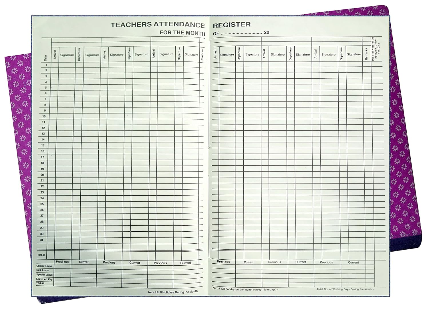 Teachers Attendance Register (English) 50 Sheets 100 Pages Hard