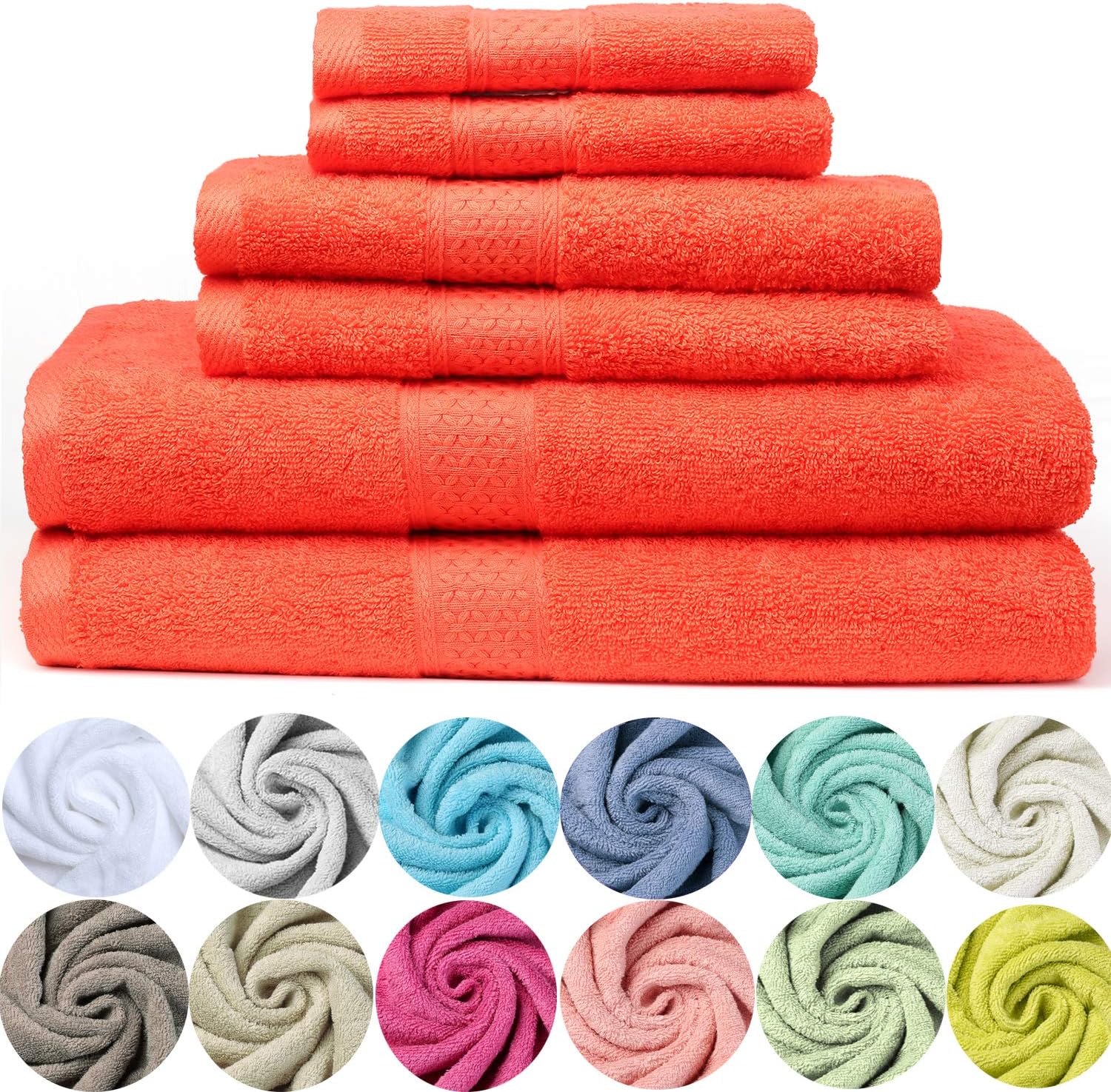 Paekabao Home Absorbent 6-Piece Towels Towel Set|2 Bath Towels, 2 Hand Towels, and 2 Washcloths|Luxury 100% Cotton Towel Set for Bathroom & Kitchen & Beach & Spa (Light Red, 6-Piece Towel Set)