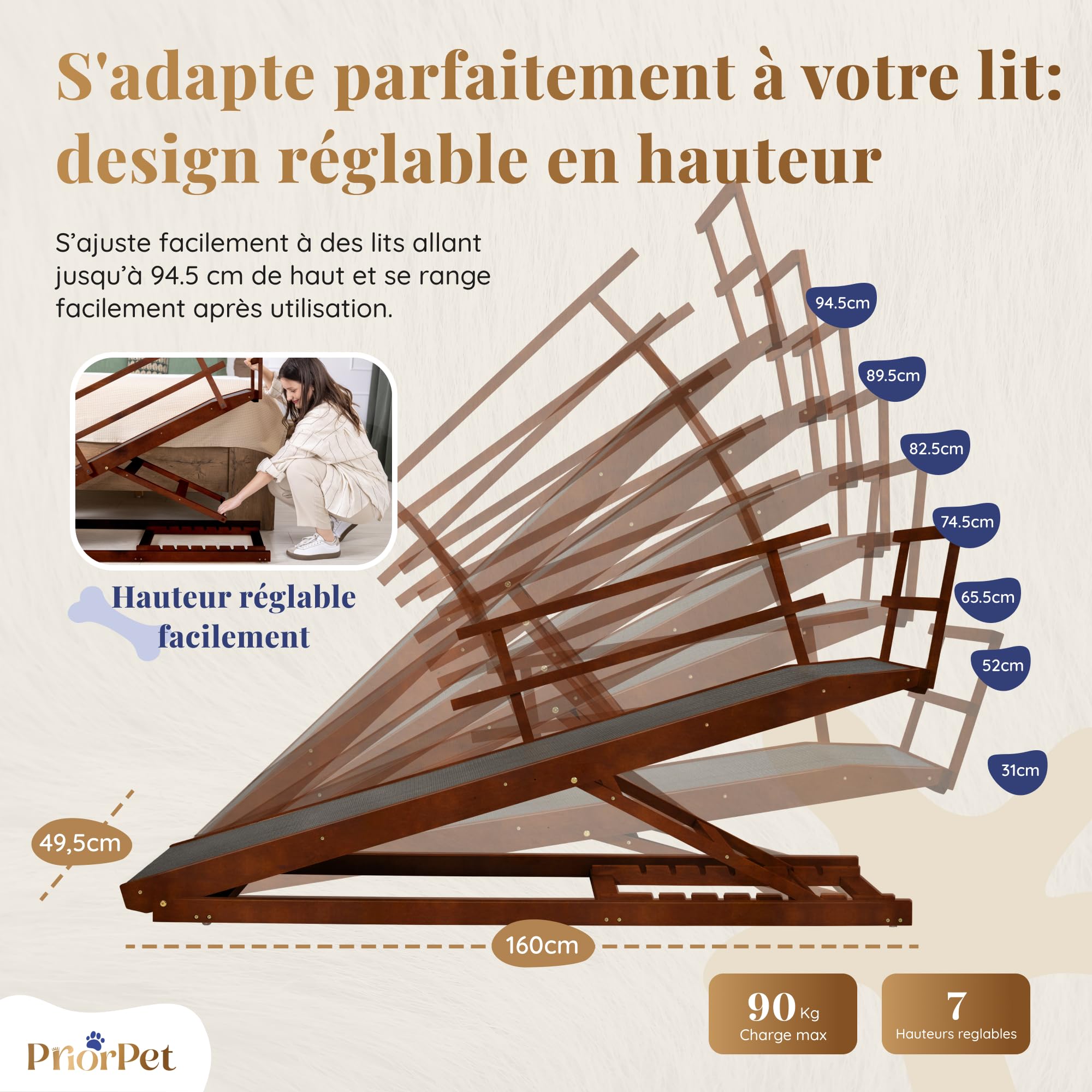Rampe pour Chien Grande Taille pour Lit avec Barrières de Sécurité – pour Lit Haut jusqu'à 94,5 cm – Capacité jusqu'à 90 kg – Rampe de lit pour Chien Pliable, Antidérapante – Bois de Bouleau – Noix