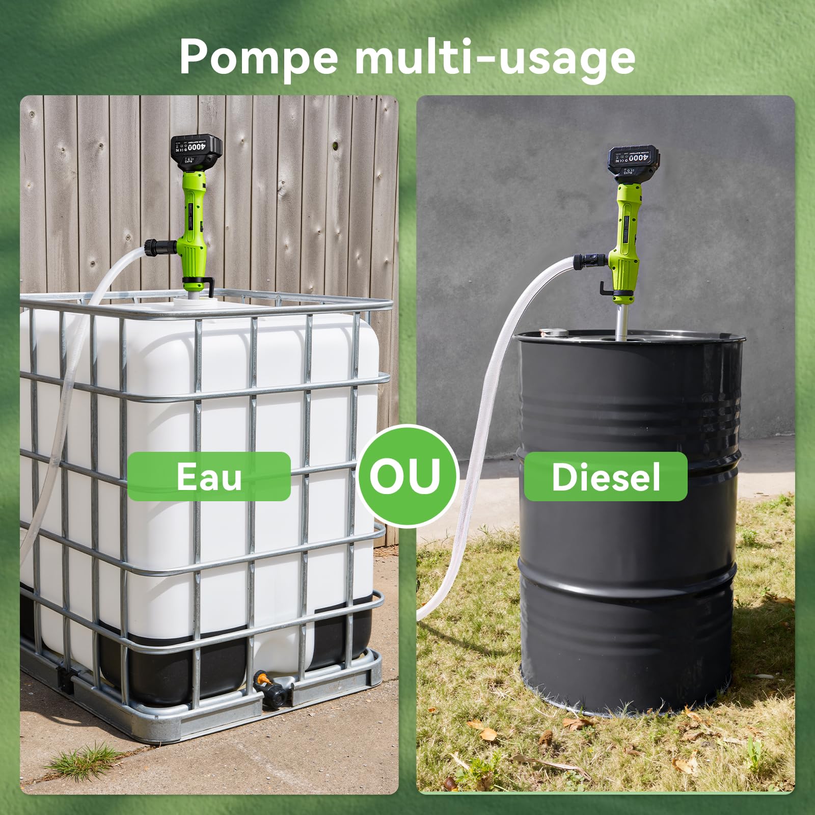 Taskstar Pompe de transfert sans fil pour eau/diesel, filtre Ø5,6 cm, 2725 l/h vidange, autonomie 60 min, hauteur 5 m pour sous‑sol, piscine, étang, fûts pluie, bateau, aquarium, camping‑car