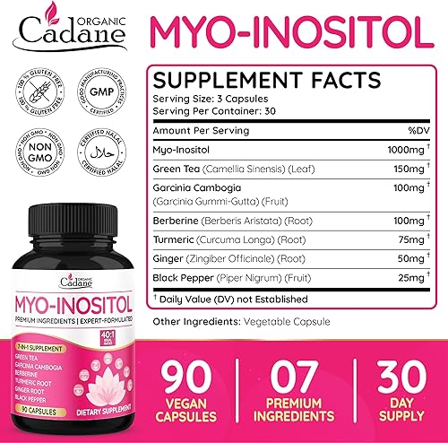 Miniatura 2 de Organic Cadane Myo Inositol & Cápsulas de té verde con Garcinia cambogia, berberina, cúrcuma, jengibre y pimienta negra  Apoya el equilibrio
