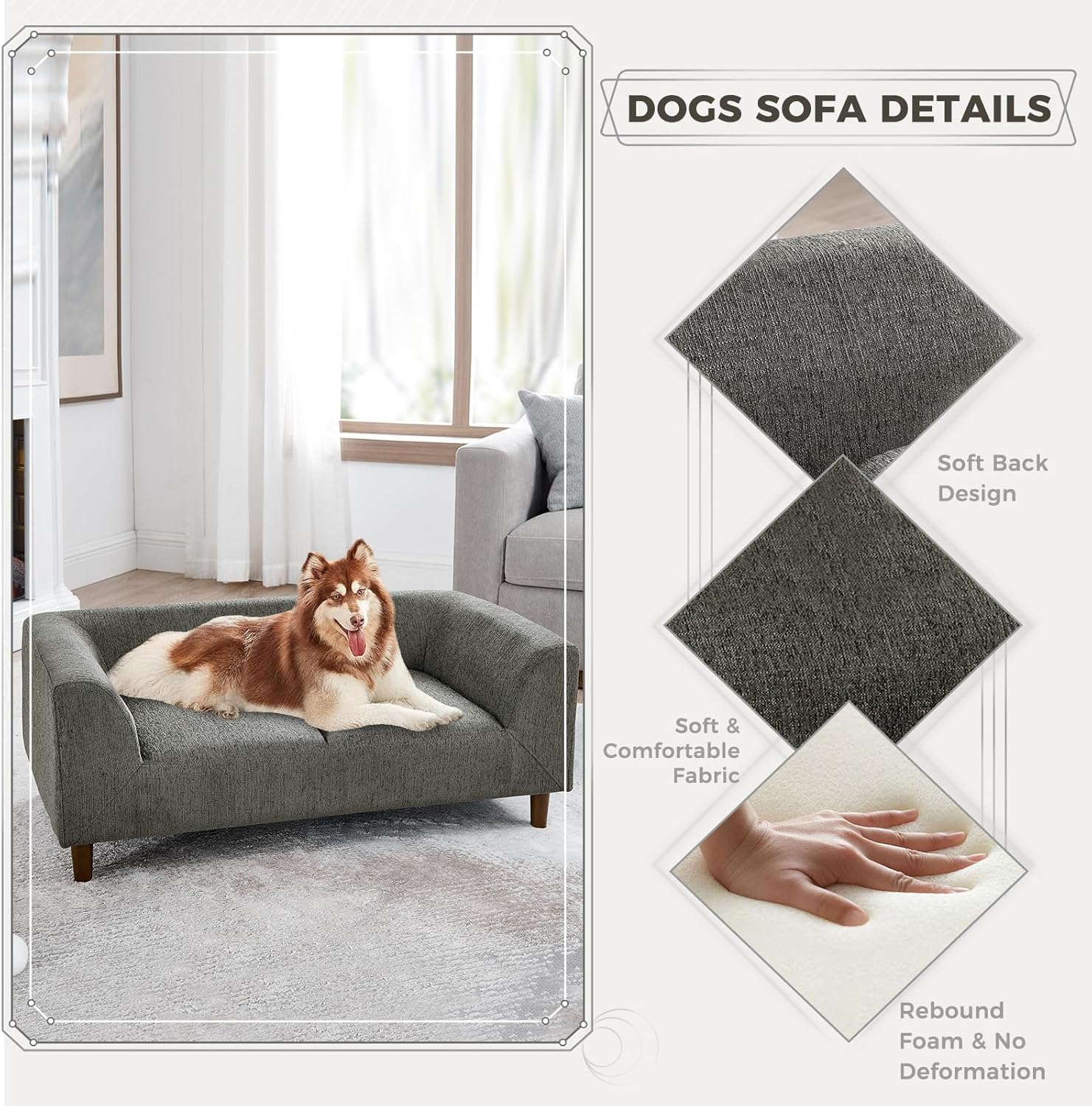 Memory Foam Dog Sofa Couch Modern Elevated Pet Bed Dark Grey Medium Dogs