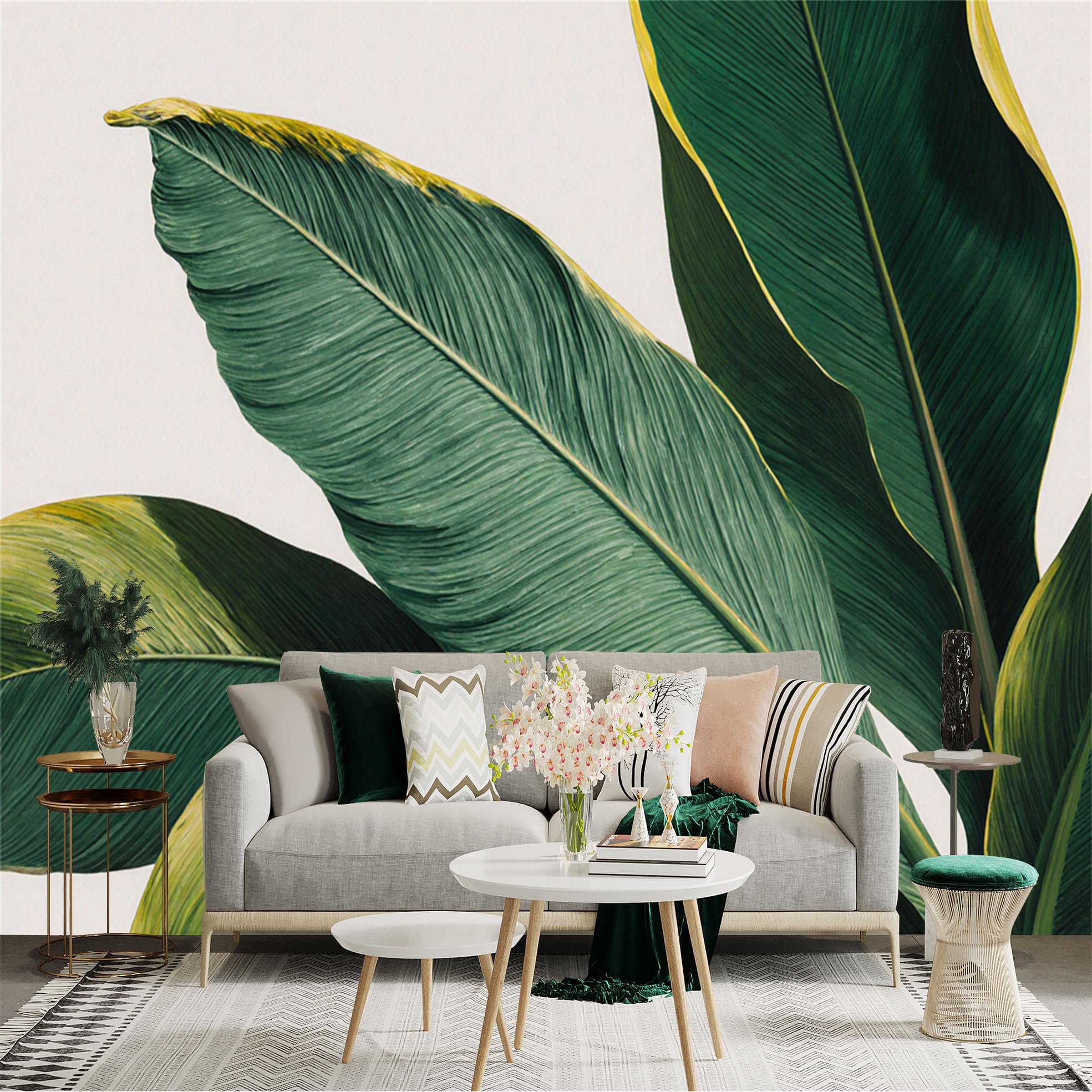 Custom Size Wall Sticker Mural， Tropical Green Banana Leaves Botanical Art， for wall Decoration， peelandstick wall Decals.