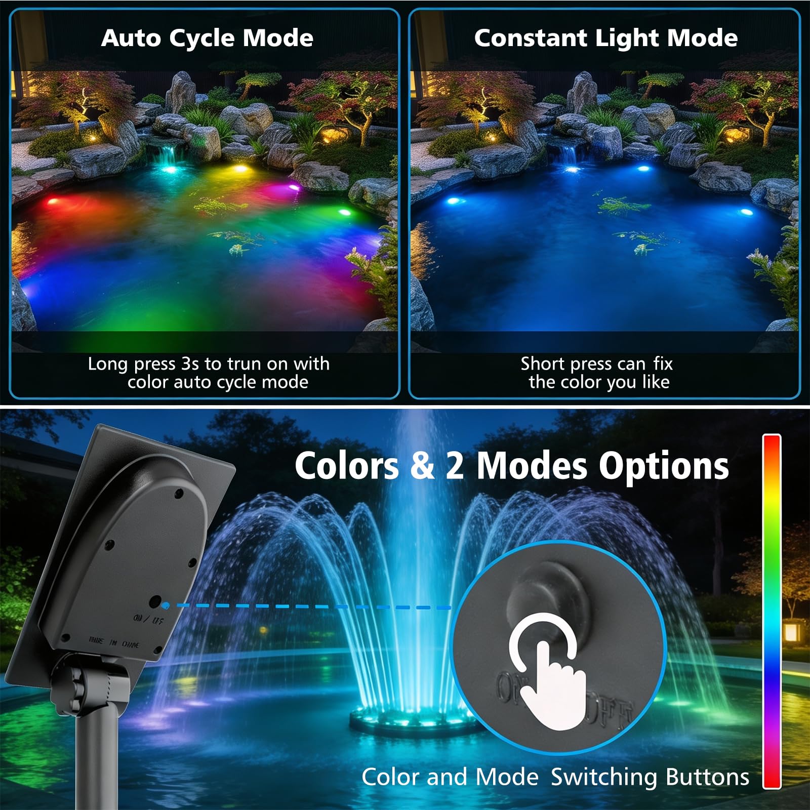 T-SUN Luci Solari per Laghetti 5 in 1 RGB Luce Solari Per Laghetti Faretto Solare per Esterni RGB Lampada Solare Sommersa Con 2 Modalità, IP68 Impermeabile, Per Giardino, Albero, Patio, Stagno