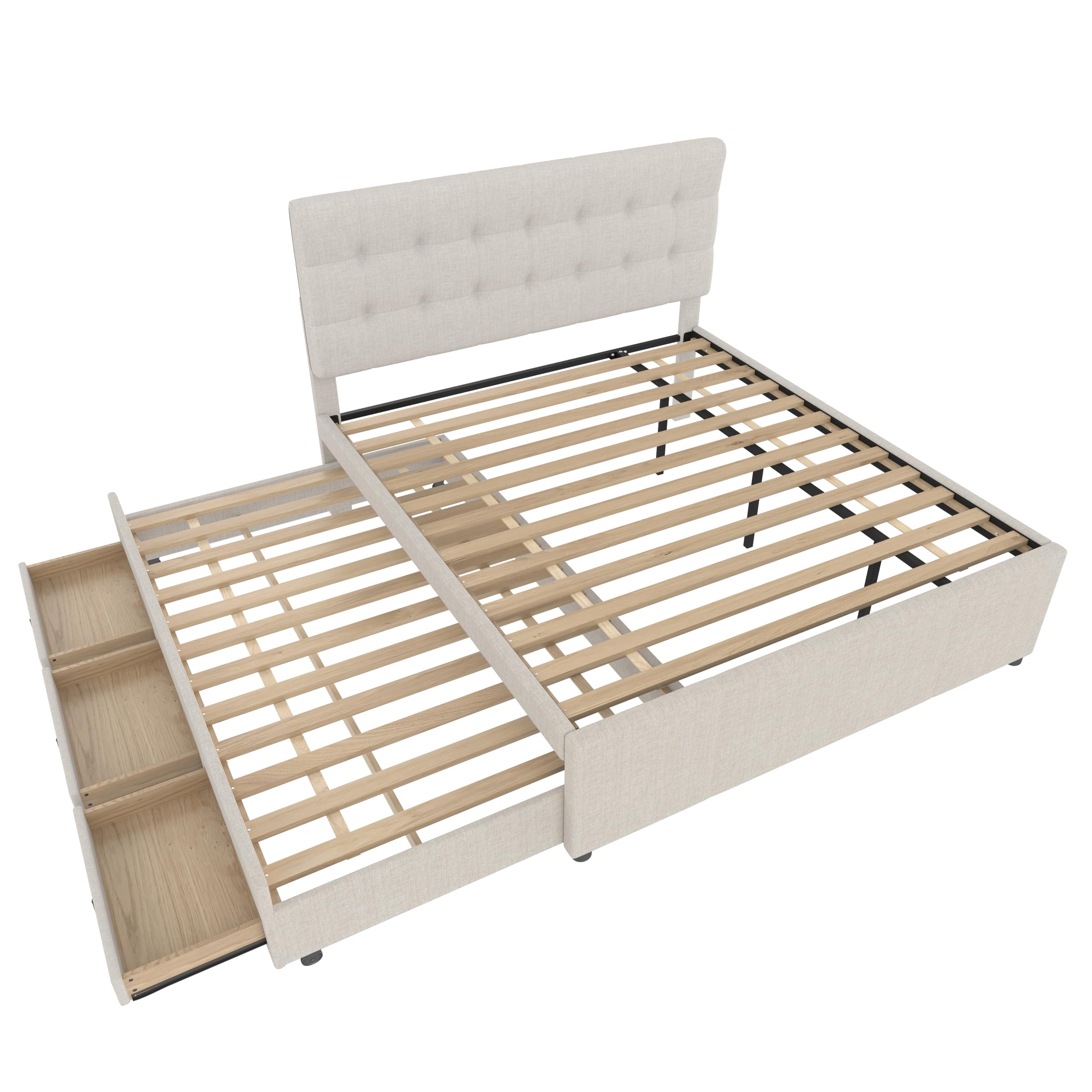 Moimhear Letto imbottito, matrimoniale, letto familiare, matrimoniale con tre cassetti, letto estraibile, testiera regolabile (beige)