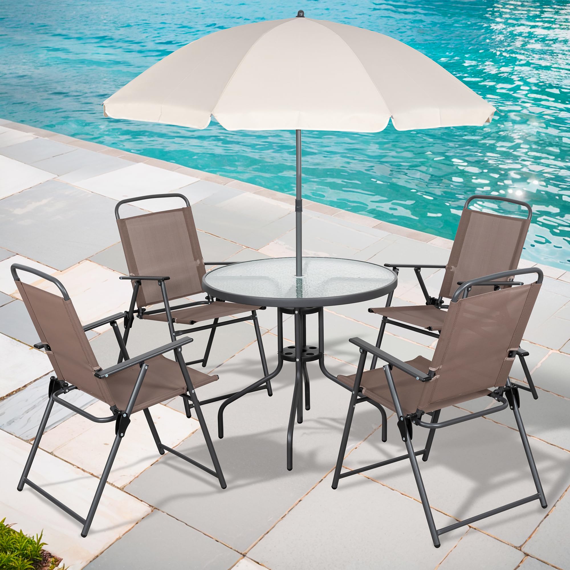 Shintenchi 6 Piece Patio Dining Set with Umbrella, Outdoor Furniture Set with 4 Folding Chairs and Tempered Glass Top Dining Table fot Lawn Backyard Garden Porch Brown