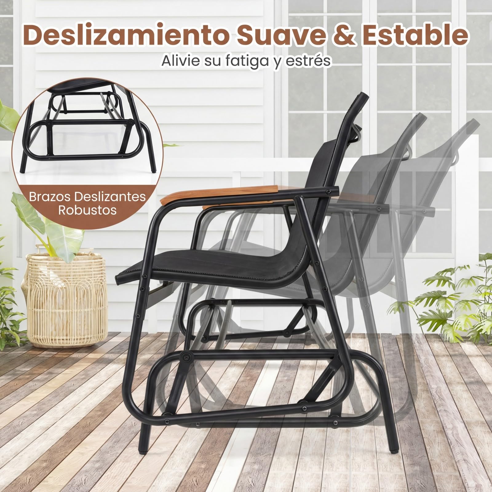 COSTWAY Banco Balancin de 2/3 Plazas, Banco Deslizante con Asiento Largo y Reposabrazos Curvos de Teca, Tela Transpirable, Jardin Terraza Exterior, Carga 300/450kg (Negro,74 x 169 x 84 cm)