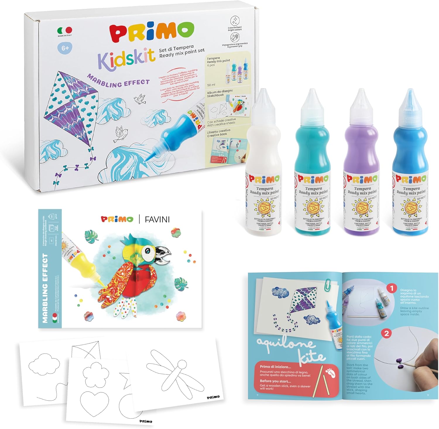 Primo Kidskit Marbling Effect - Craft Set Children from 6 Years, Set of 4 Tempera Colours with Dosing Tip 50 ml, 1 Colouring Book for Drawing Learning Children, 1 Creative Book for Painting Set