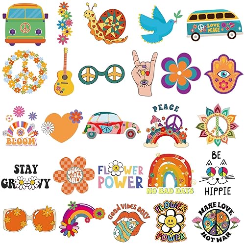 Ooopsiun Tatuajes temporales hippie para niños, 70 estilos, Groovy 70s Peace and Love Flower Power regalos de fiesta de cumpleaños para niños y niñas