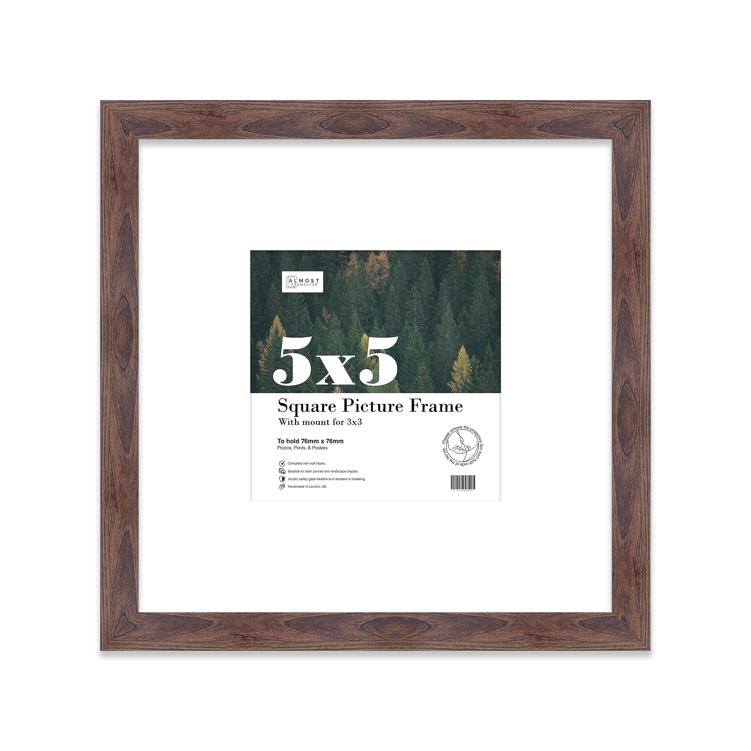 Almost Frameless 5x5 Picture Frame, Display Pictures 3X3 With Mat or 5x5 Without Mat, Wall Hanging & Free Standing Photo Frame, Walnut, 1 Pack