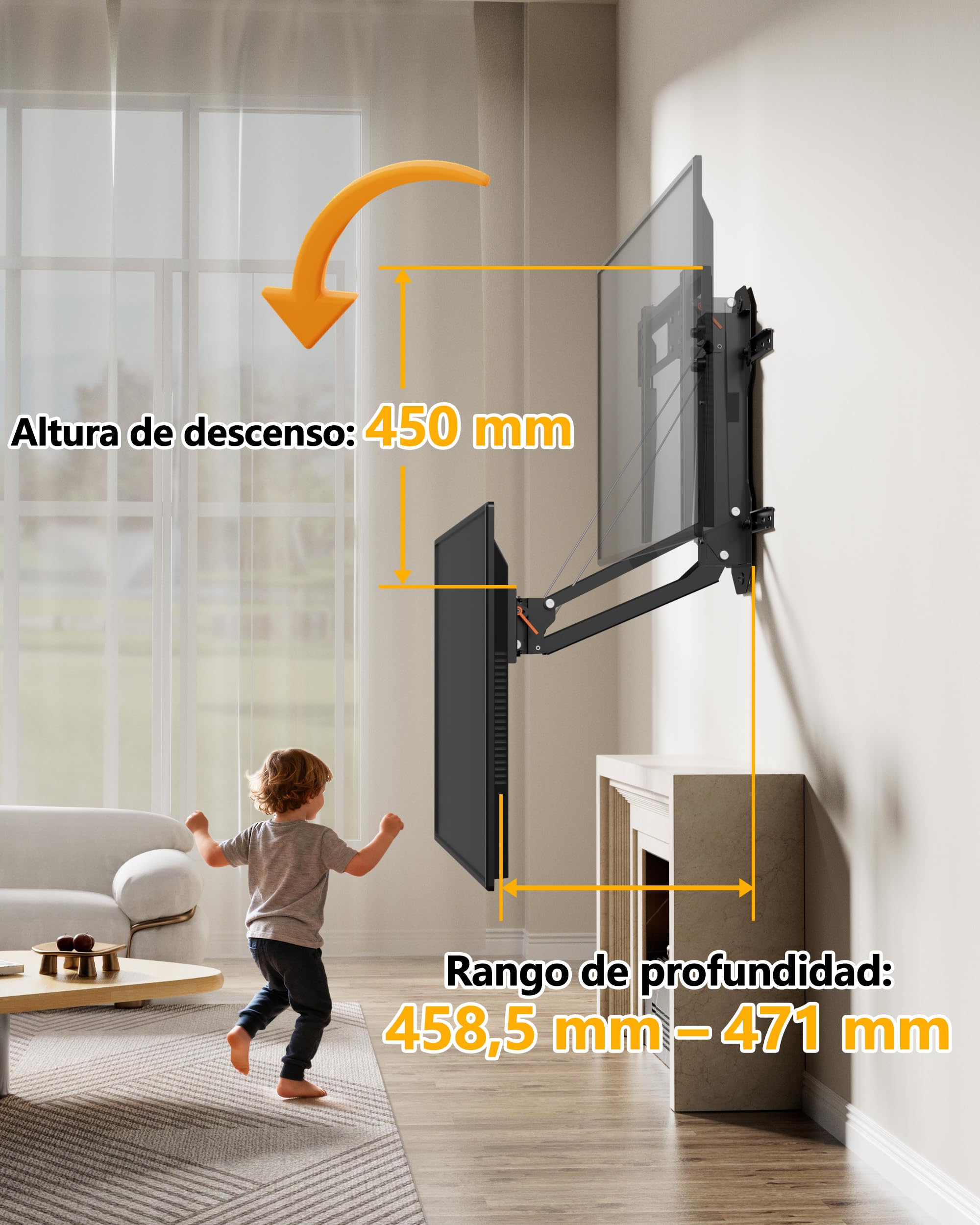 FORGING Mount Soporte de Pared Eléctrico para TV de 32-85", hasta 40 kg | Altura Ajustable con Mando a Distancia, Inclinable y Giratorio, Soporte de Montaje Abatible Eléctrico, Max VESA 600×400mm