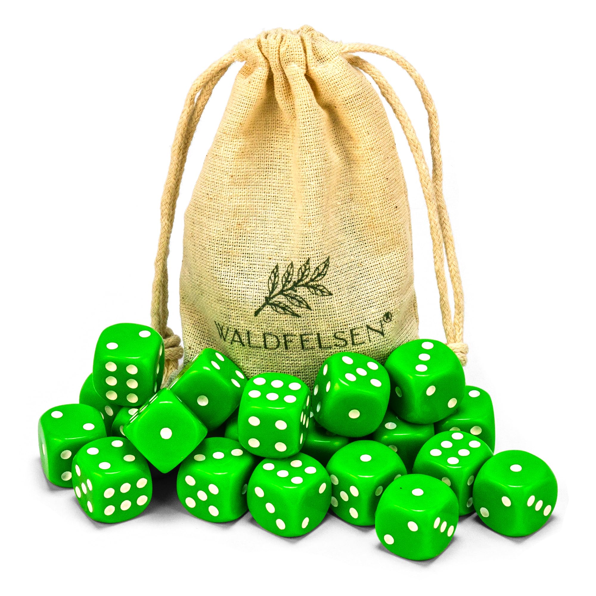 Waldfelsen® High-Quality Dice 6, 12, 20, 30 or 50 Standard Size 16 mm Acrylic Dice Puzzle Play Cube Dice 6-Sided Six Sided Play Accessories Set with Fabric Bag (Grass Green, Pack of 20)