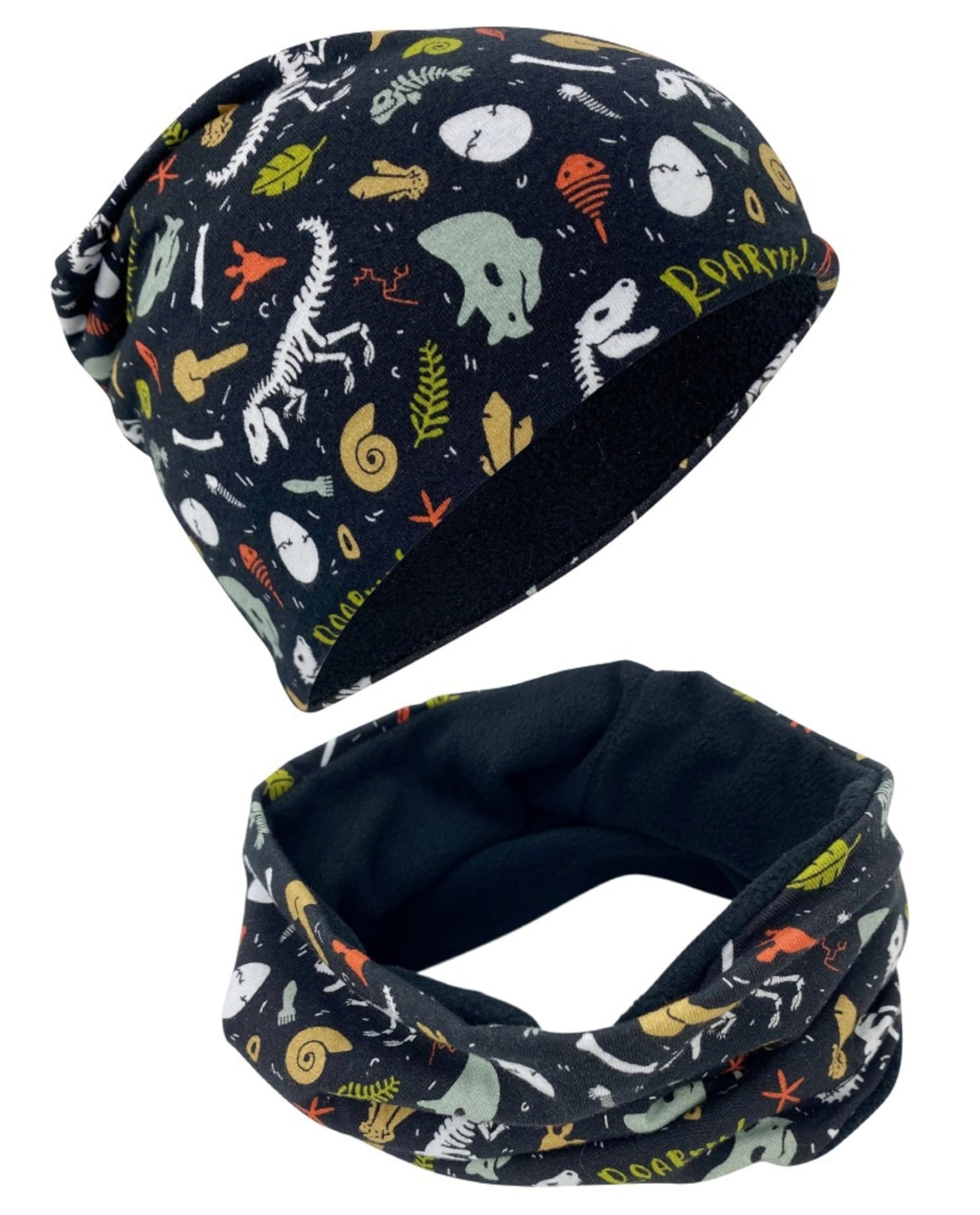 HECKBO Zestaw czapka beanie i komin dla dzieci – z podszyciem z polaru lub dżerseju (dwustronny) – unisex dla chłopców i dziewczynek – 95% bawełny – idealny na jesień, wiosnę i zimę