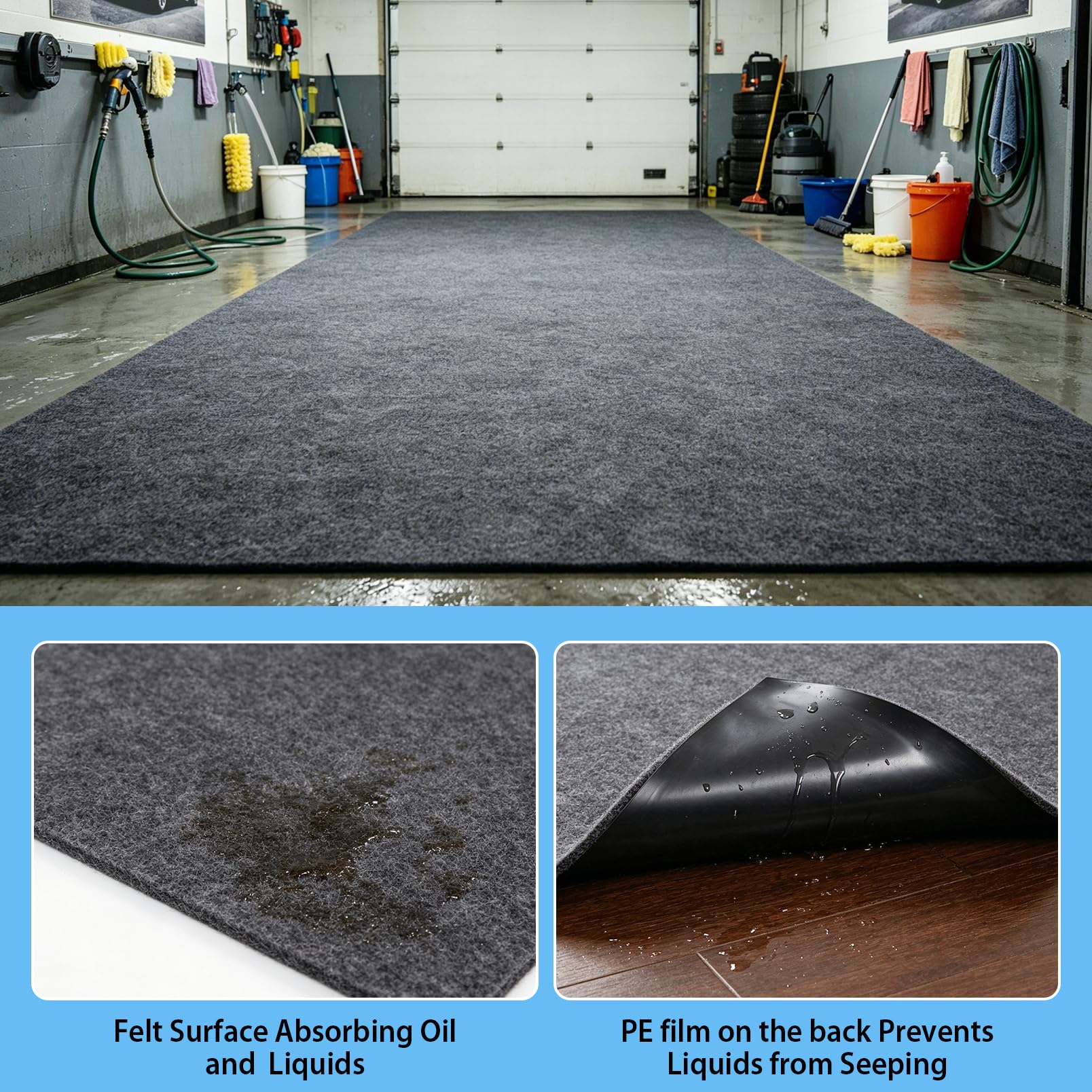 Alfombrilla de fieltro antideslizante para coche, impermeable, absorbente de aceite, reutilizable, para garajes, gimnasios y talleres, 223 cm x 520 cm x 3 mm