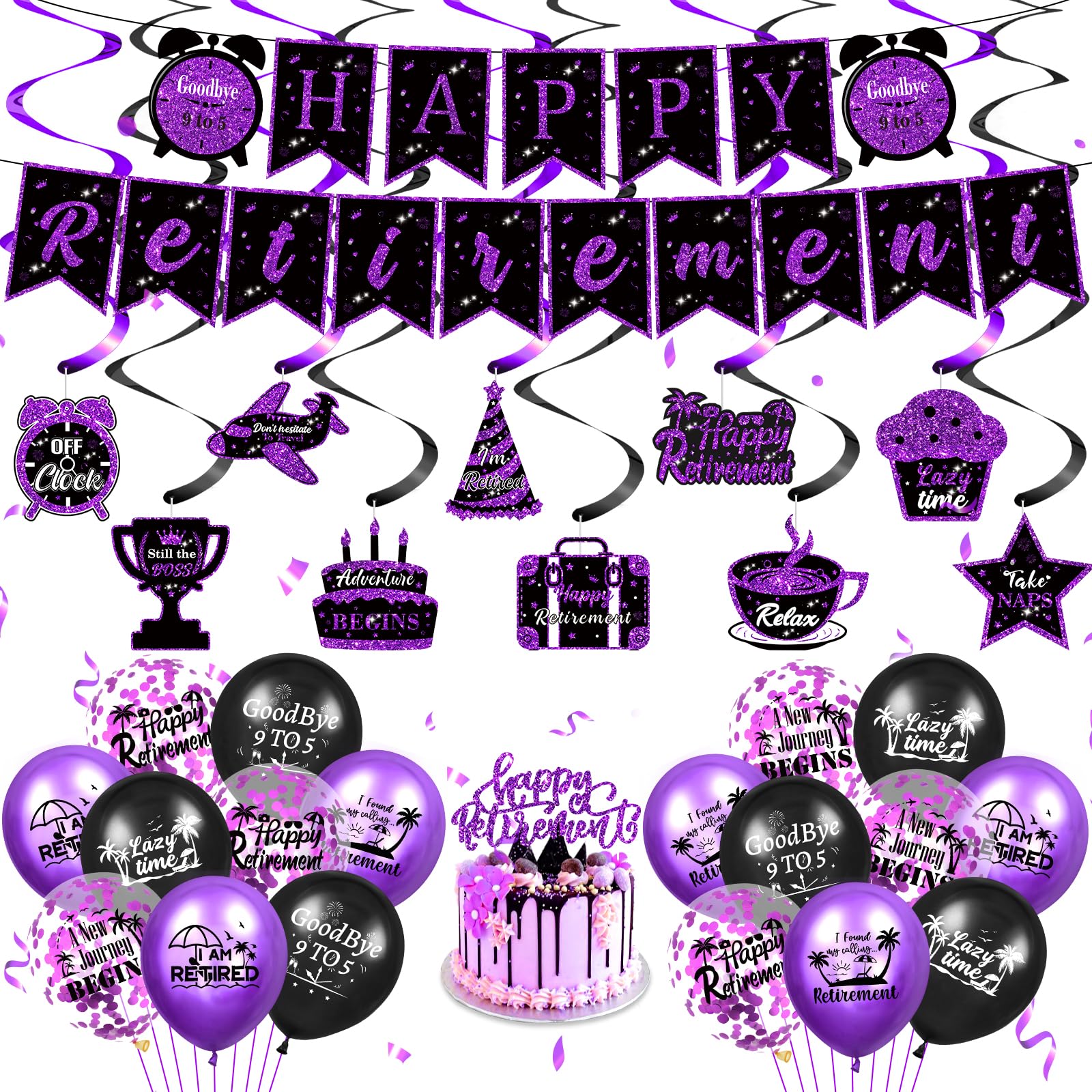 Retirement Party Decorations for Women,Purple Happy Retirement Party Supplies, Retirement Banner,18pcs Retirement Latex Cofetti Balloons, Hanging