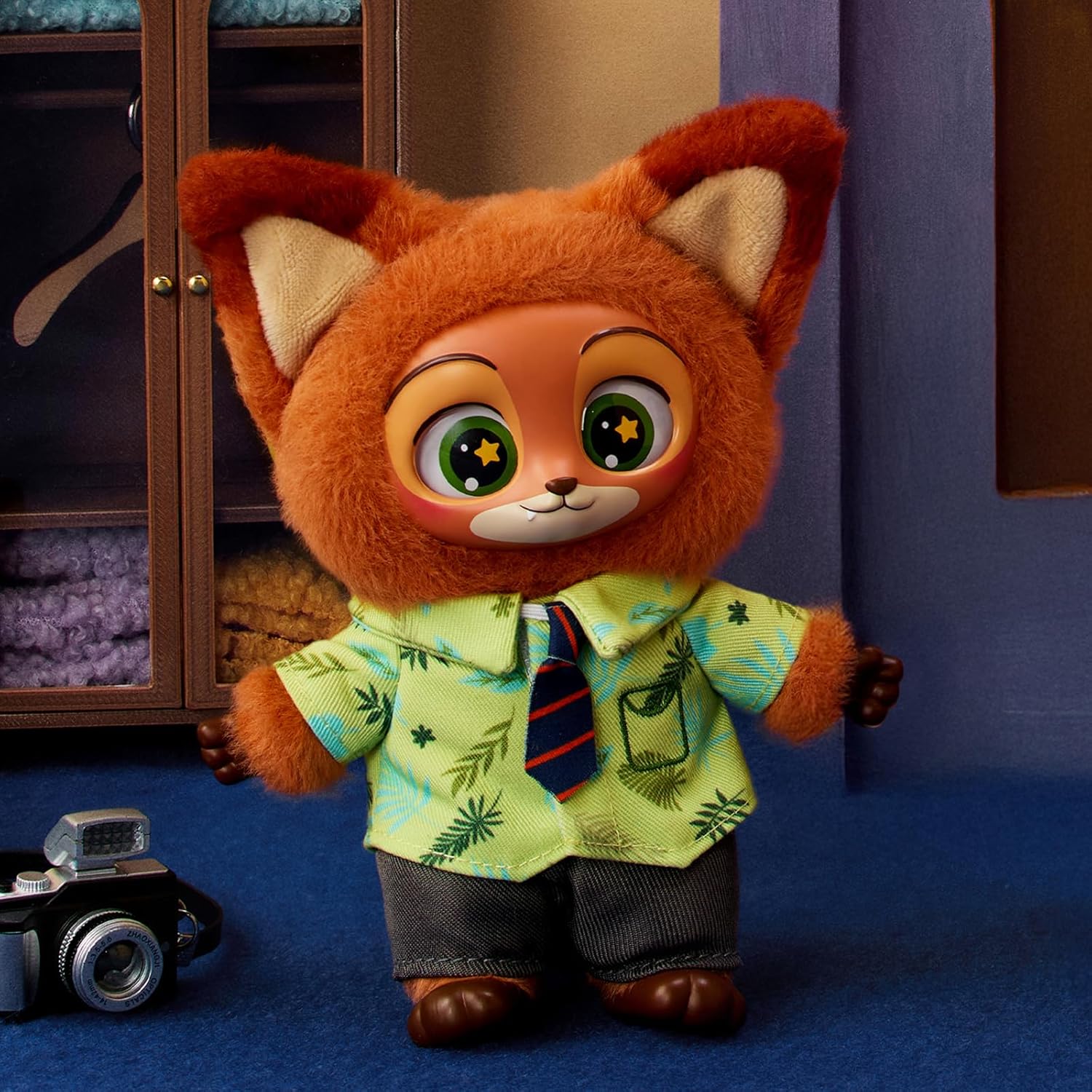 Close-up of the Nick Wilde plush figure in his Hawaiian shirt and tie.