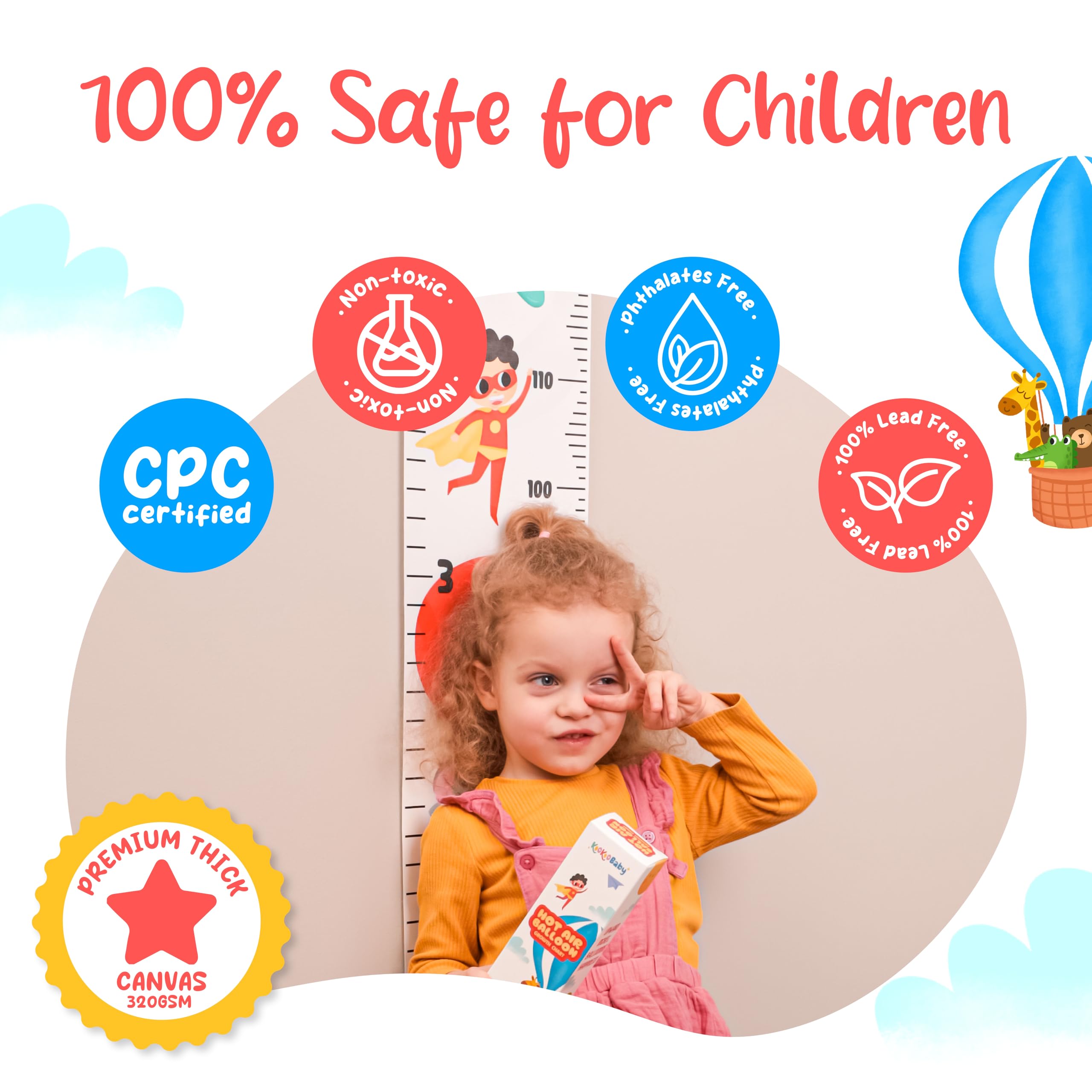 KooKooBaby Tabla de crecimiento para niños para pared – 82 x 7.9 pulgadas, tabla de altura extraíble de lona de alta calidad para niños, medición de altura para niños y bebés, tabla de pared de altura