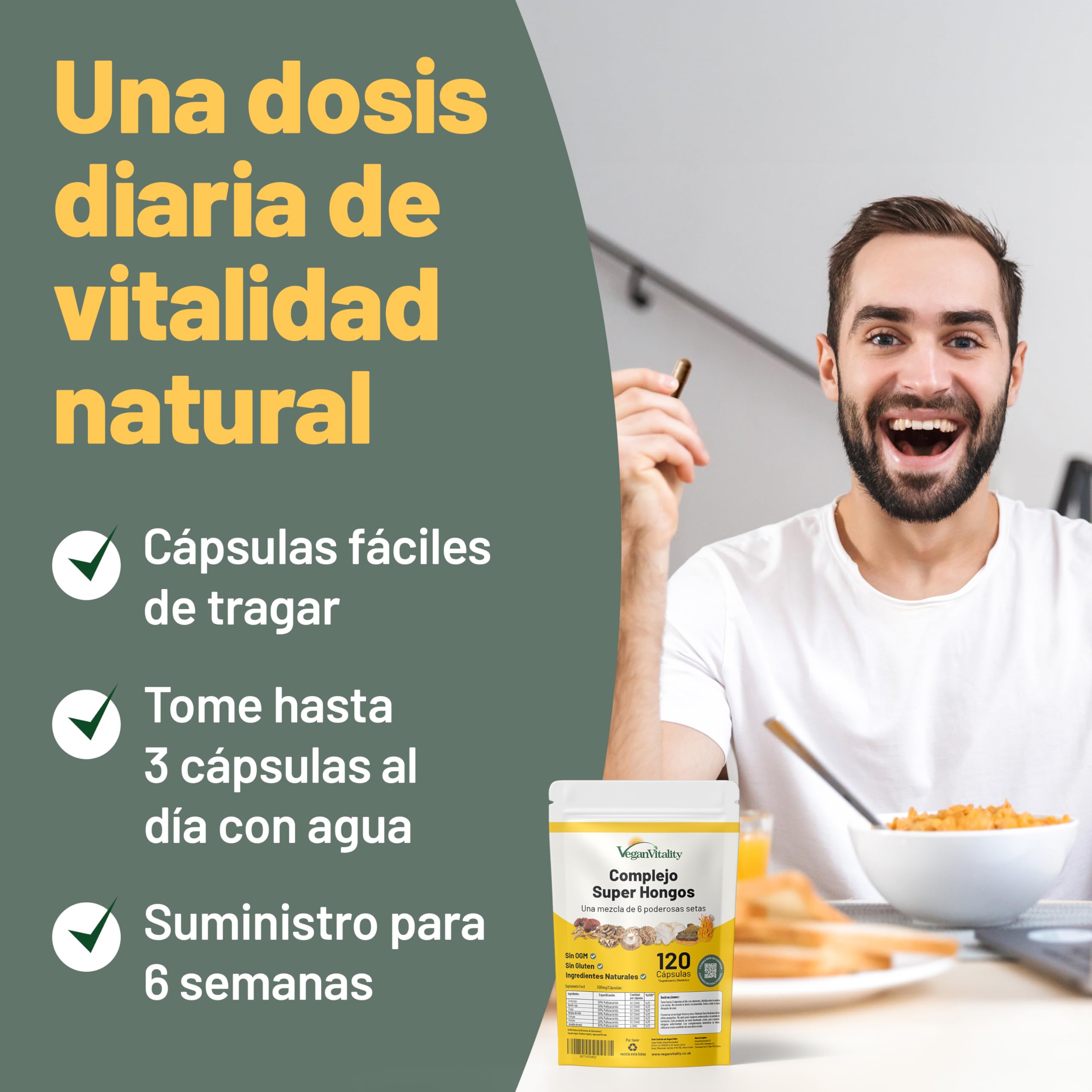 Suplemento de 6 Hongos – Reishi, Melena de León, Cordyceps, Chaga, Shitake y Maitake. 120 Cápsulas. 500mg Por Cápsula.