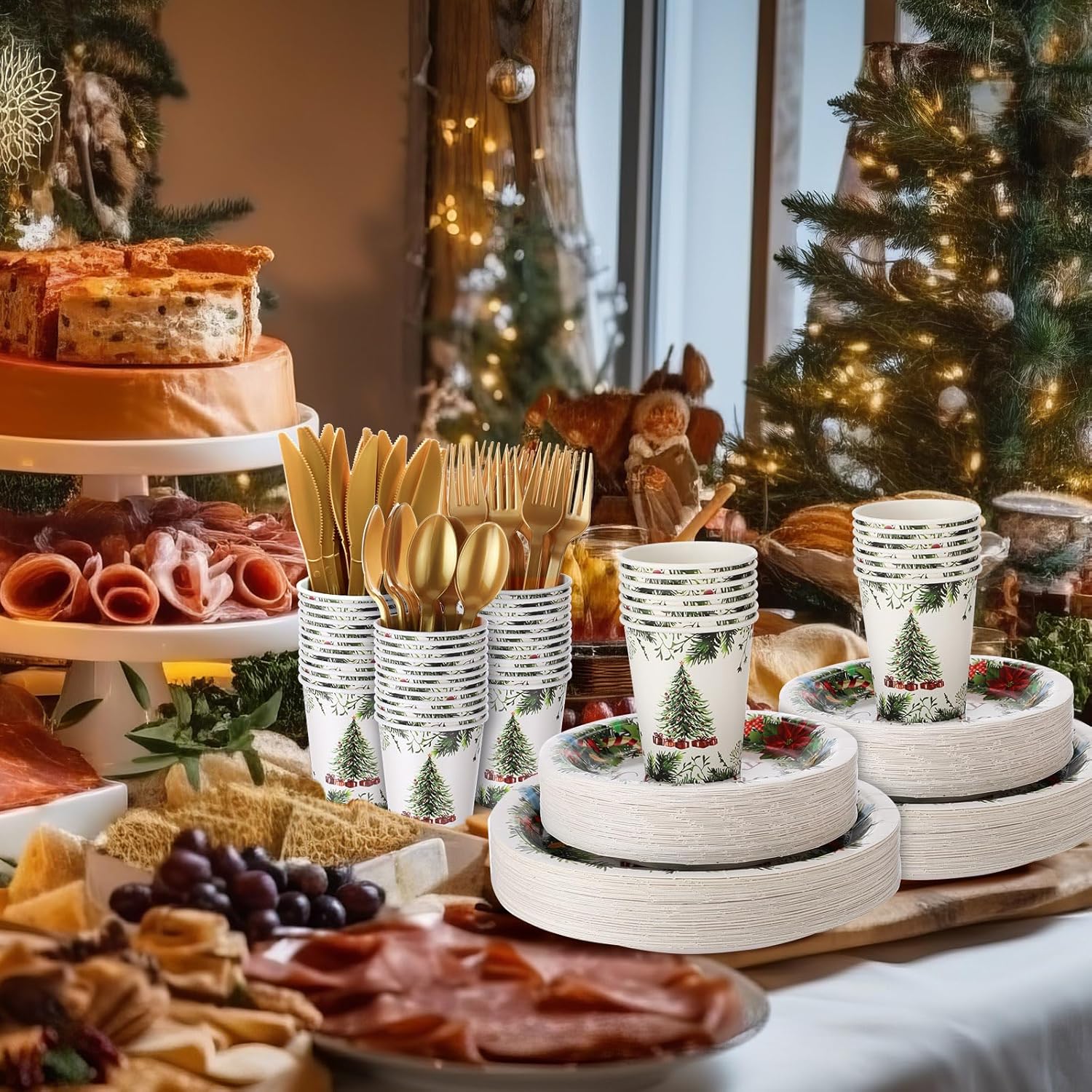 Sliner 350 Pcs Christmas Party Supplies Disposable Christmas Tableware Set 100 Paper Plate 50 Cup Napkin Knives Fork Spoon Xmas Holiday Party Dinnerware Table Decorations Retro Xmas Tableware
