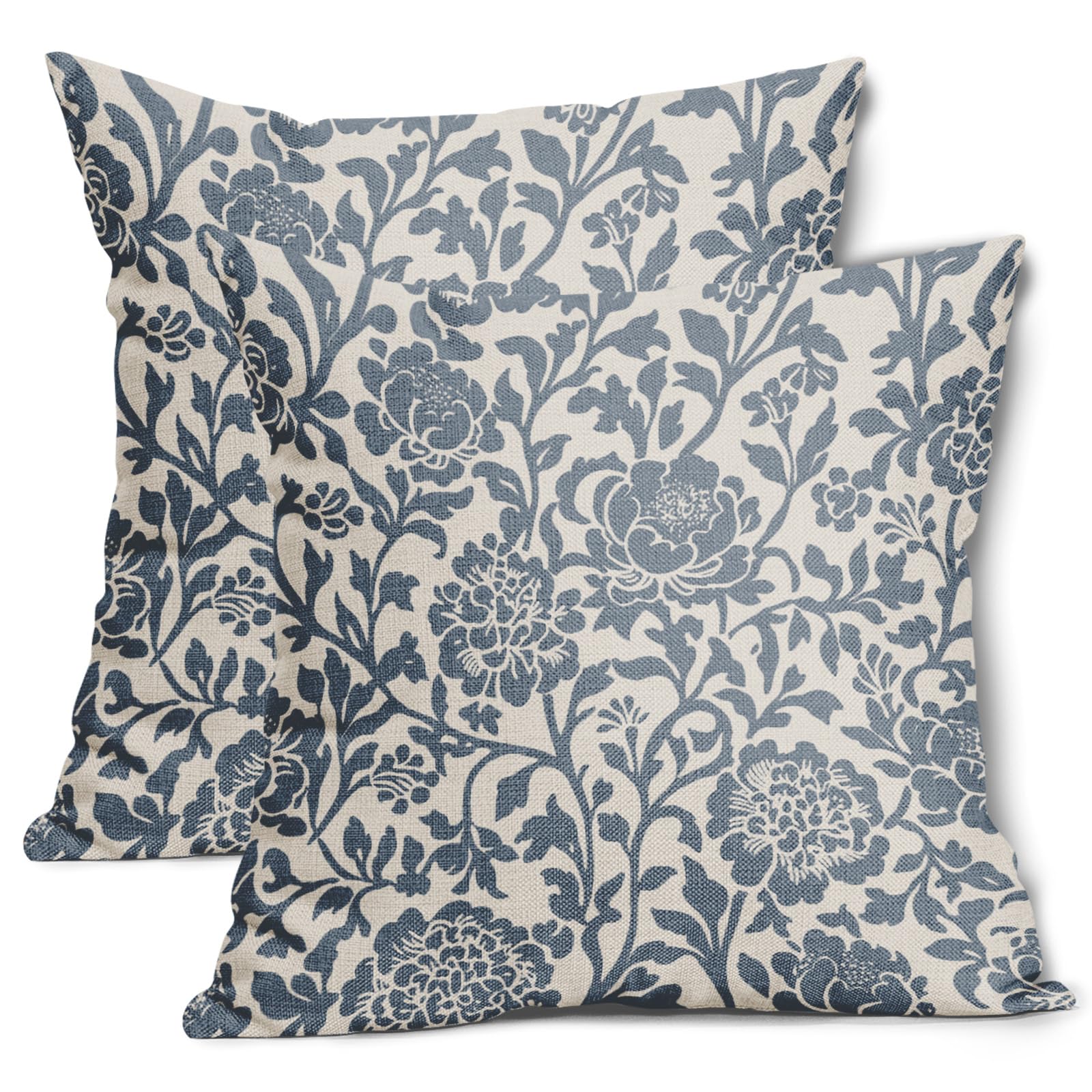 AmplePisce Gray Blue Floral Pillow Covers 16x16 Inch Set of 2 Vintage Block Print Flower Cotton Linen Decorative Throw Pillow Case Cushion Covers for