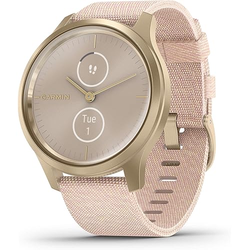 Garmin vivomove Style, Hybrid Smartwatch with Real Watch Hands and Hidden Color Touchscreen Displays, Gold with Pink Woven Nylon Band