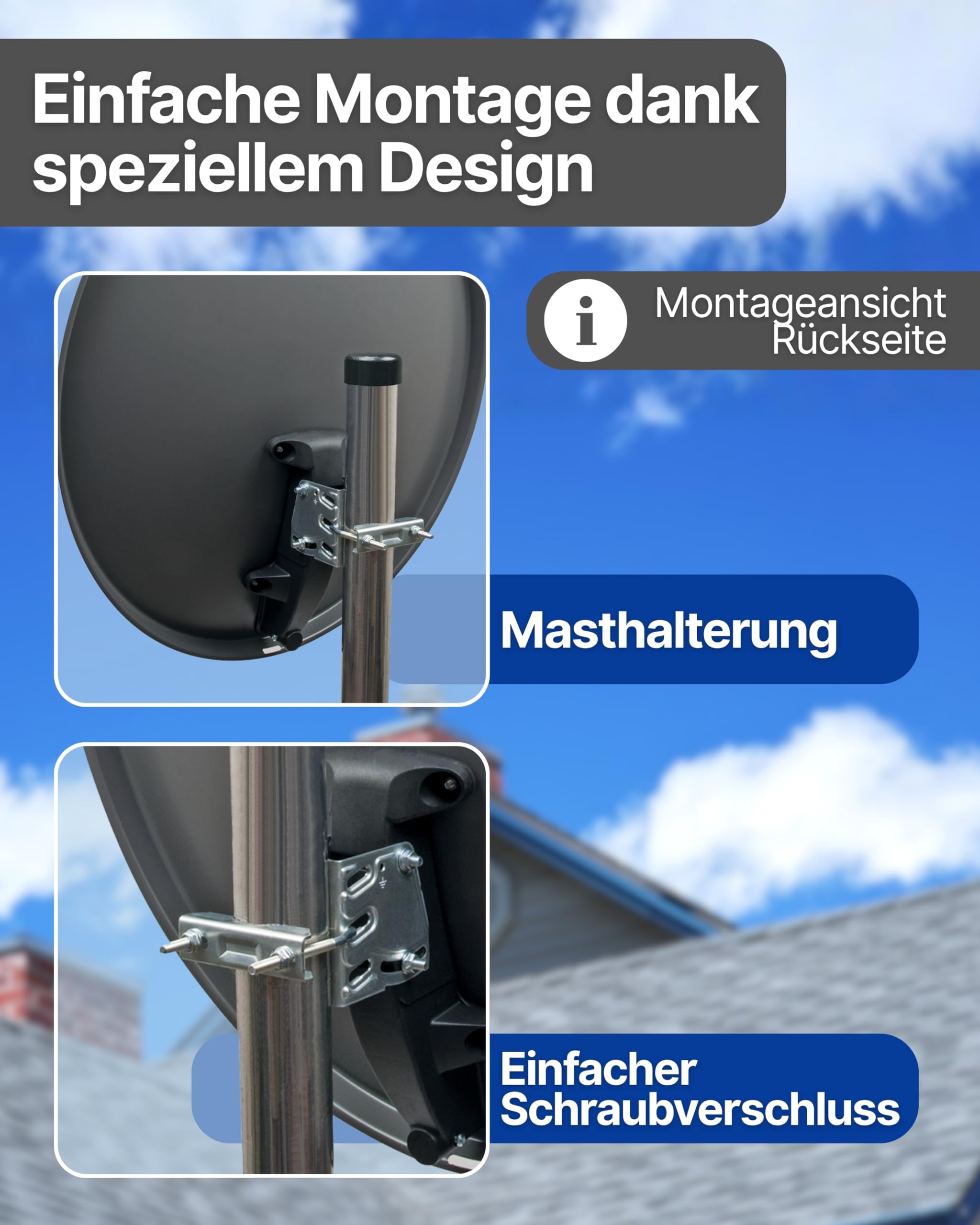 SCHWAIGER Satellitenschüssel Komplettset I Ø 60 cm Stahl Offset Antenne in anthrazit I Inkl. sonnengeschütztes Single LNB, HD SAT-Receiver mit Fernbedienung & Koaxialkabel I Digital HD Empfang