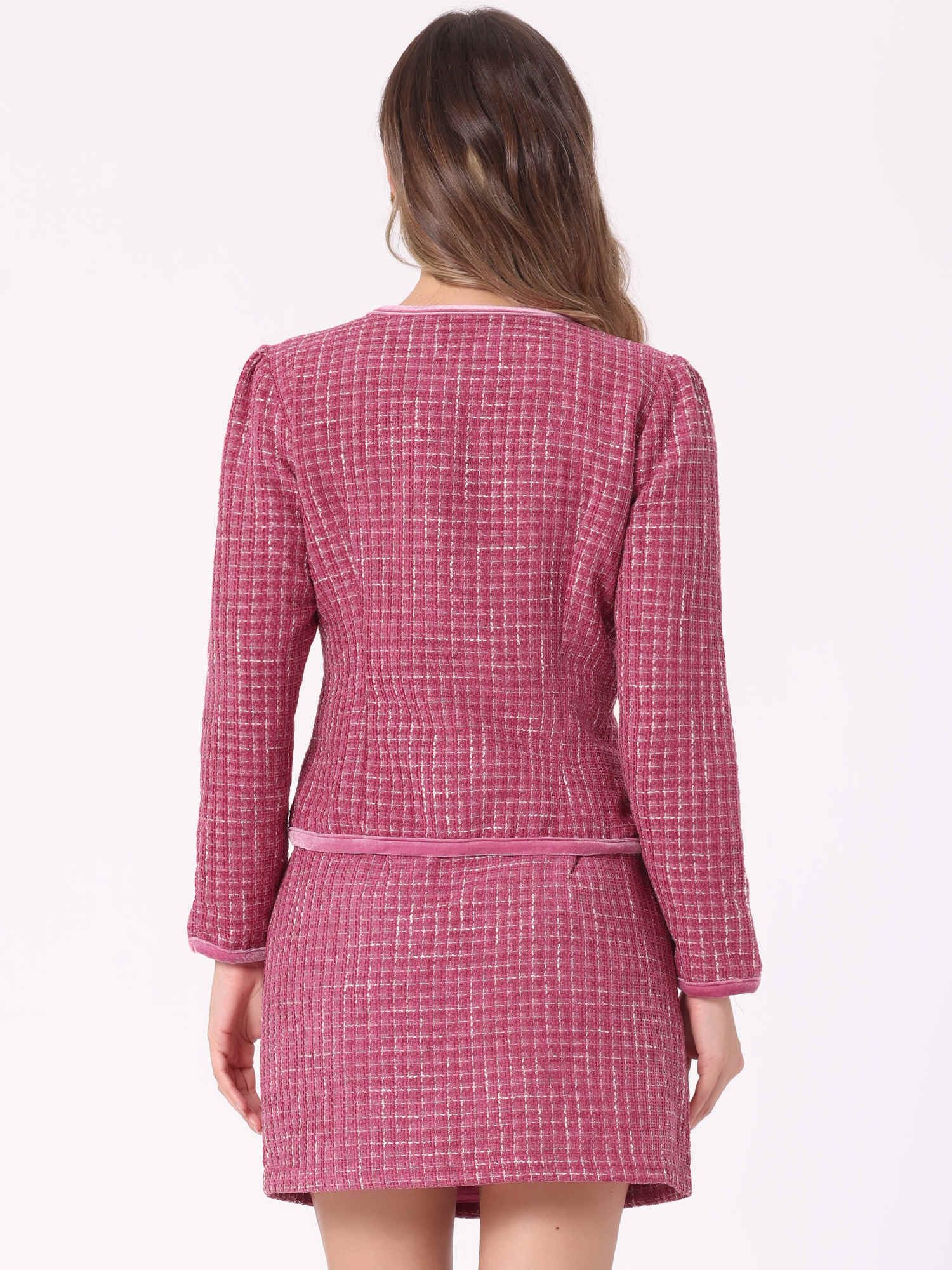Allegra K Damen Business Anzug Set Zweiteilige Outfits Kariert Tweed Kurzblazer Jacke und Rock Set
