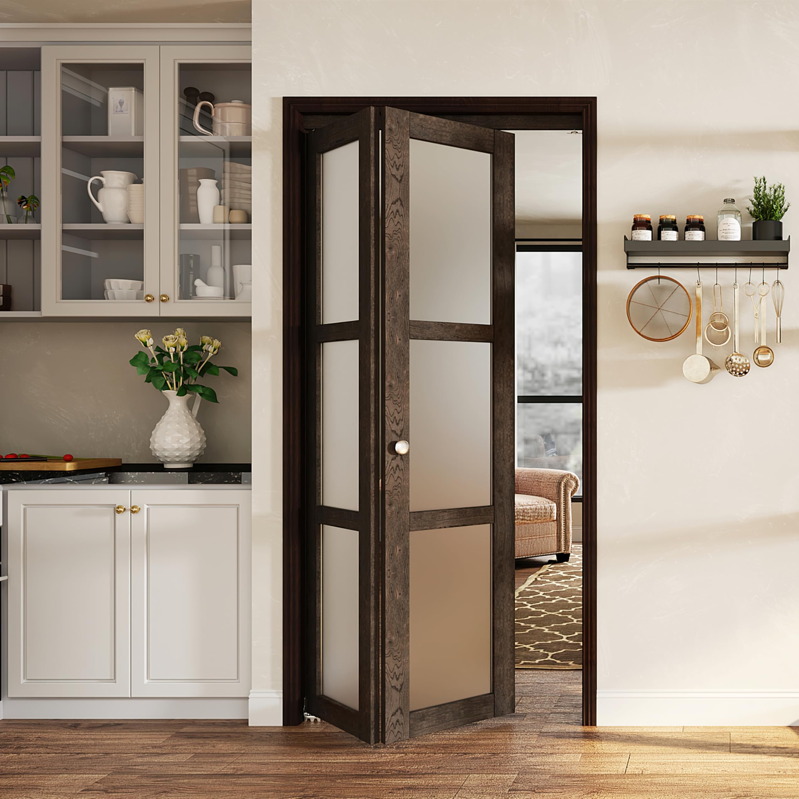 BARNER HOME Bifold Door, for 36in x 80in Opening, 3-lite Tempered Frosted Glass Closet Door with Hardware Kit Included, MDF, Ancient Wood Color