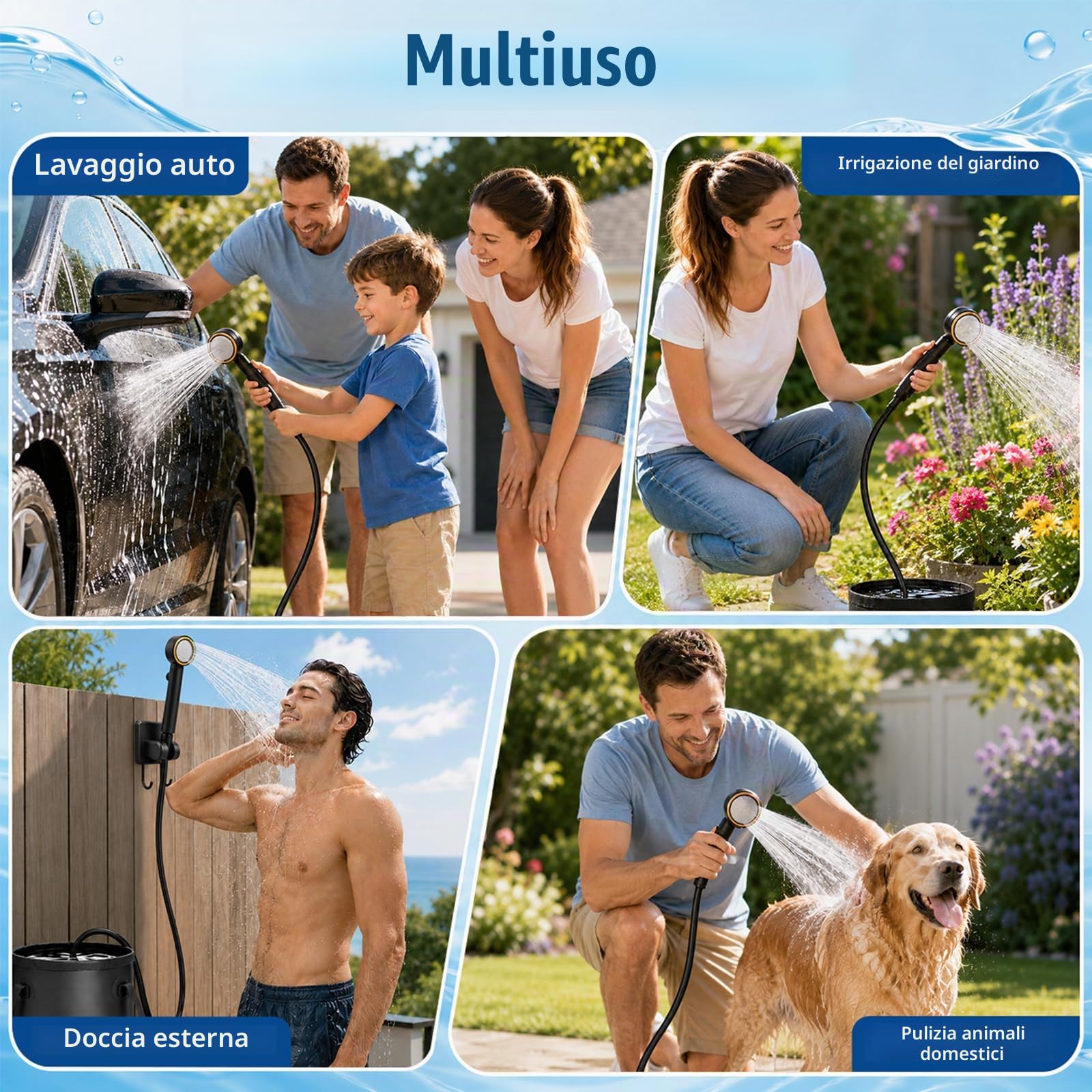 Doccia Da Campeggio con Secchio Pieghevole 20L, 8000mAh Doccia Ricaricabile Portatile Impermeabile IPX7 con Display Digitale Soffione Regolabile Doccia da Esterno per Spiaggia Animali Auto Giardino