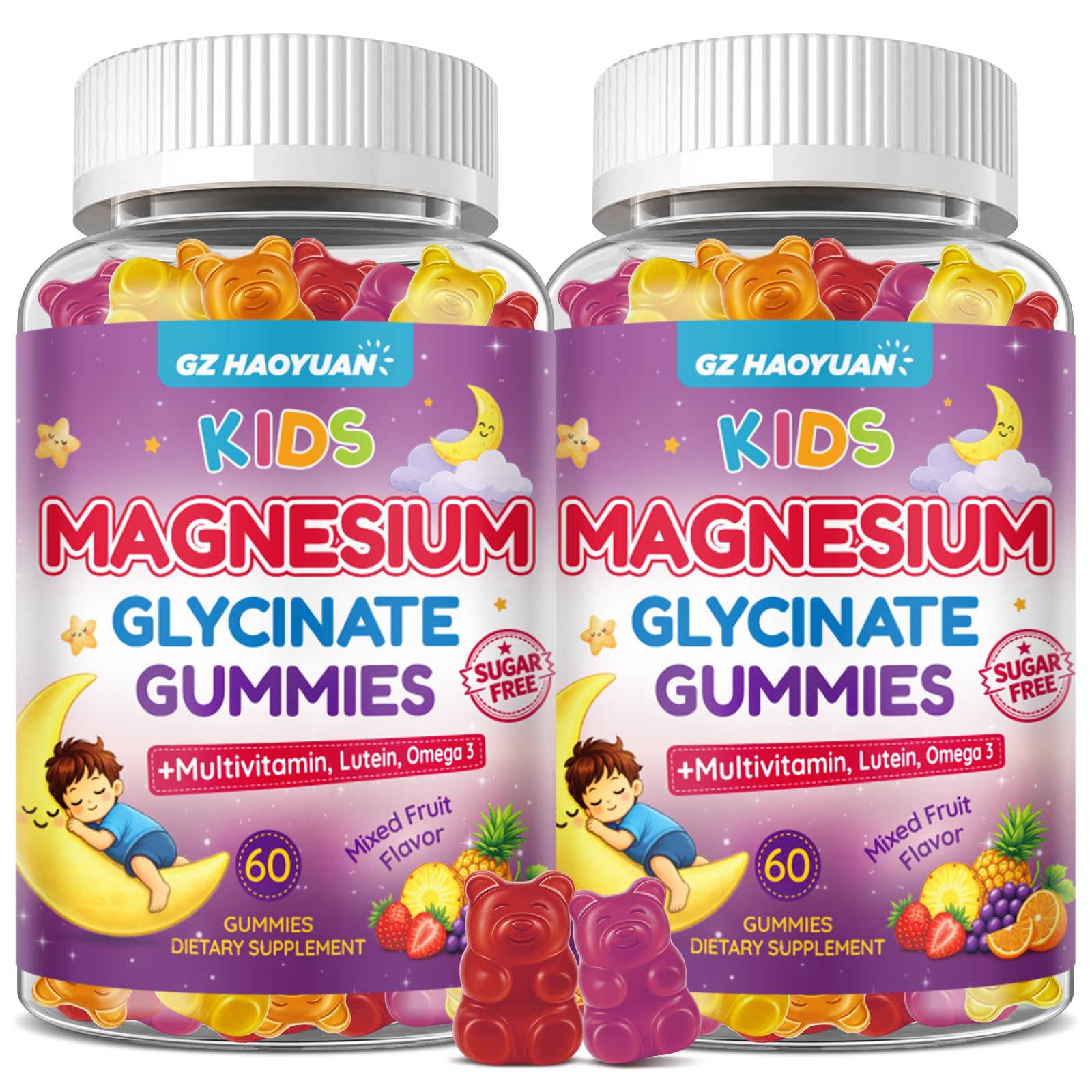 Magnesium Glycinate Gummies for Kids 4+, Sugar Free Mixed Fruit Flavor, Magnesium Supplement with Multivitamin, Lutein, L-Theanine, Supports Sleep, Stress Relief, Muscle Health, Eye, Calm Mood, 120Cts Mixed Fruit 60 Count (Pack of 2)