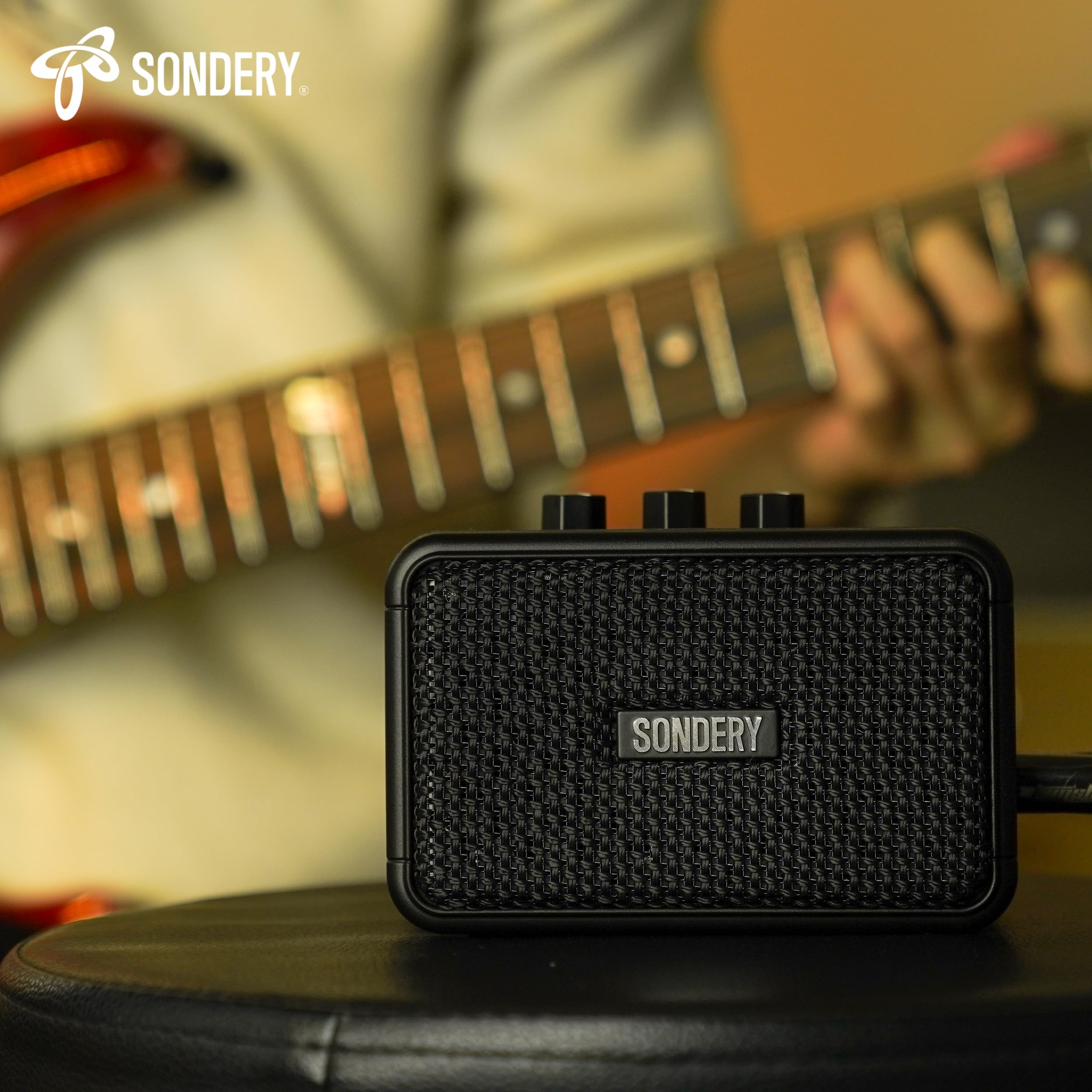 Sondery Mini amplificador de guitarra portátil, amplificador eléctrico pequeño recargable de 5 W | Con efectos de sobremarcha/limpieza y Bluetooth, dos altavoces, para practicar y viajar, color negro