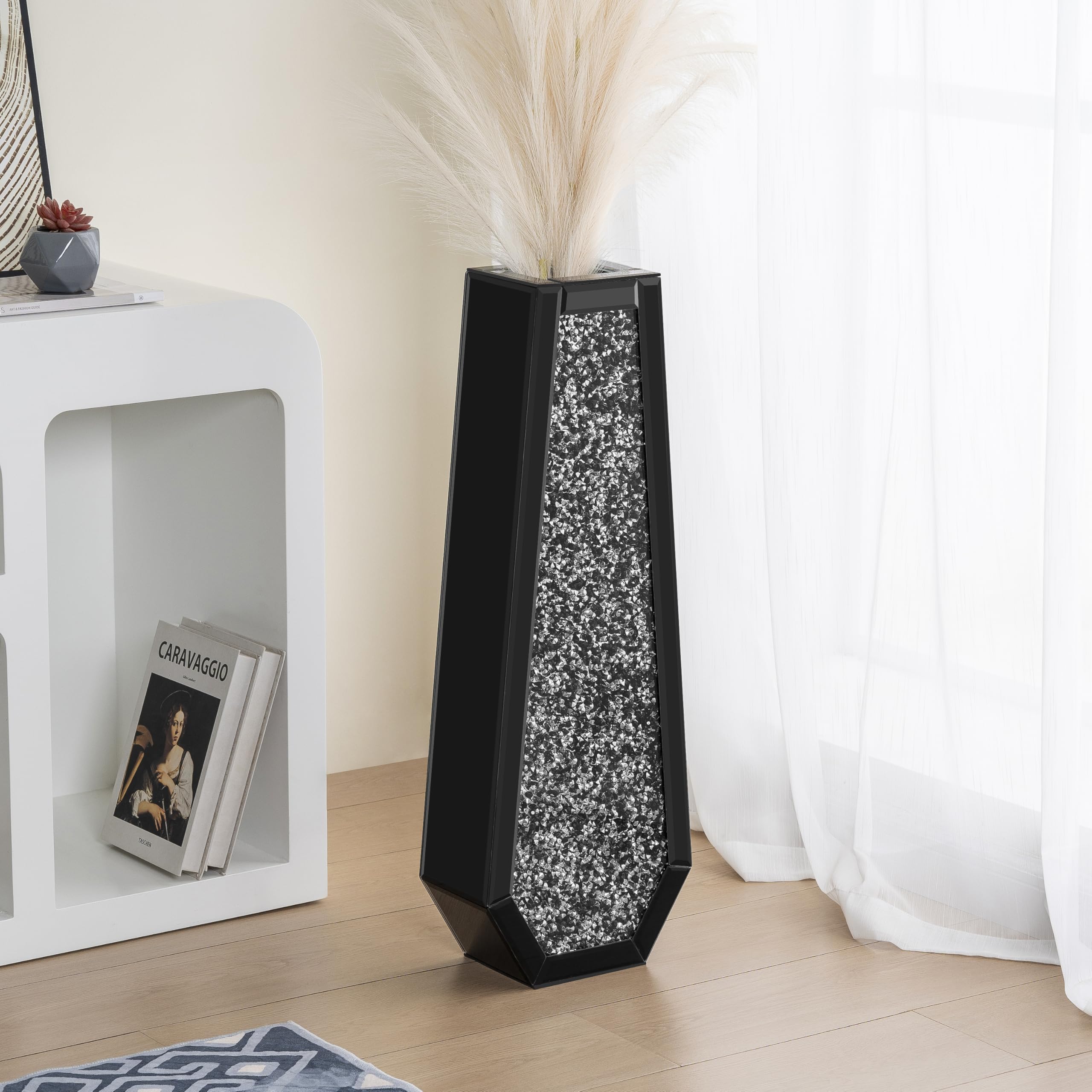 SHYFOY Large Tall Vase Indoor Modern Crystal Diamond Mirror Design for Living Room Floor Decor, 30 Inch, Black