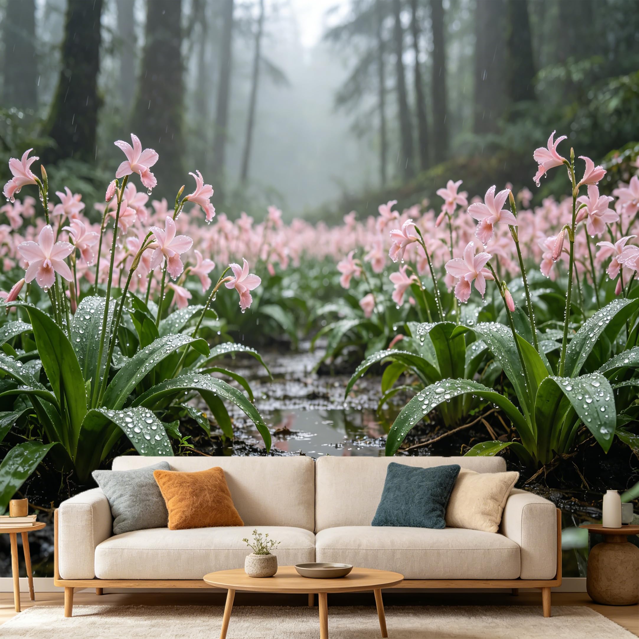 Custom Size Wall Mural Botanical Misty Forest Pink Lily Flowers Raindrops Pond SelfAdhesive Art Prints wall Fabric（No PVC） Removable Wallpaper Home Bedroom Decor