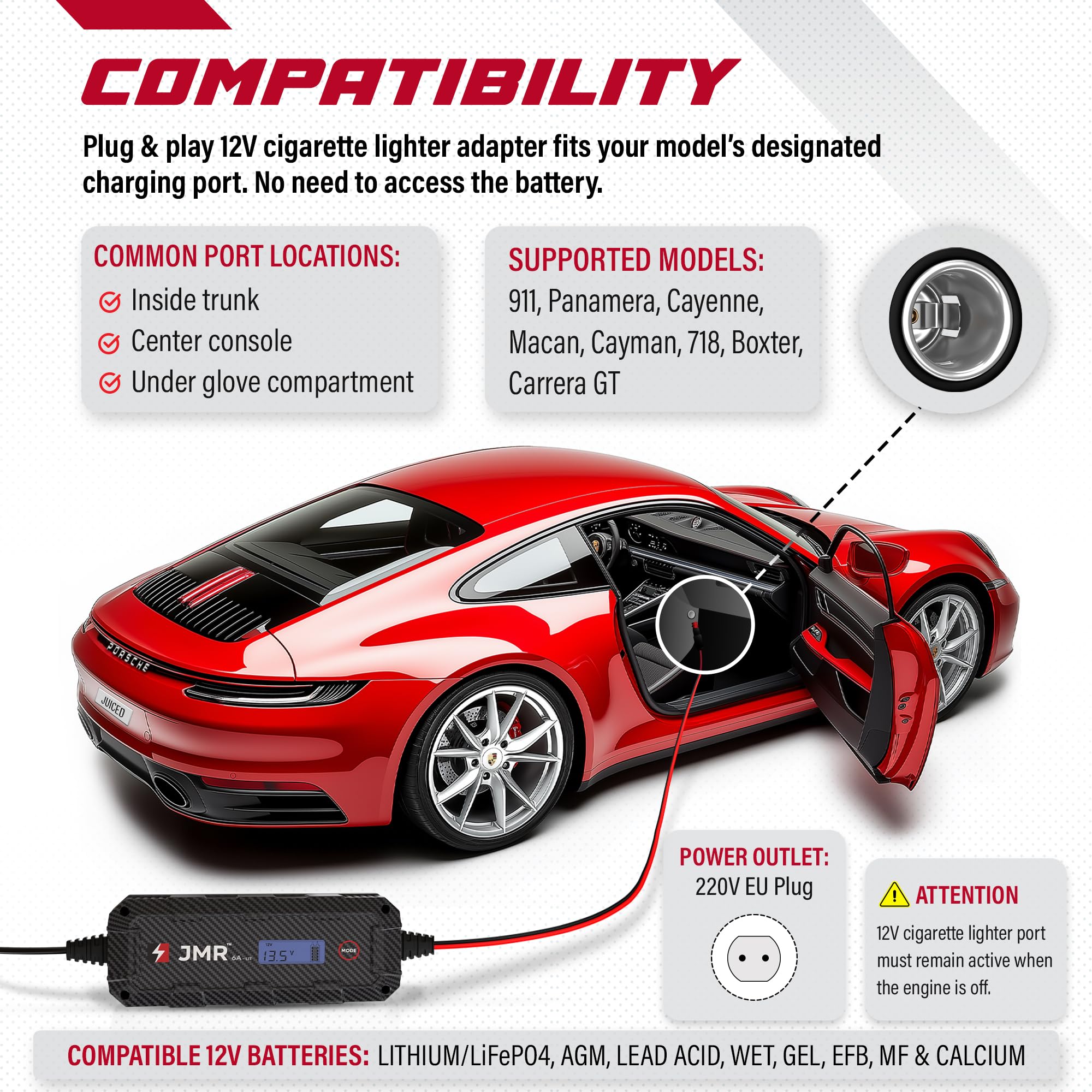 JMR Battery Charger for Porsche 911 Panamera Cayenne Macan Cayman 718 Boxter All Models Trickle Charger Conditioner Maintainer (Add Lithium Mode)