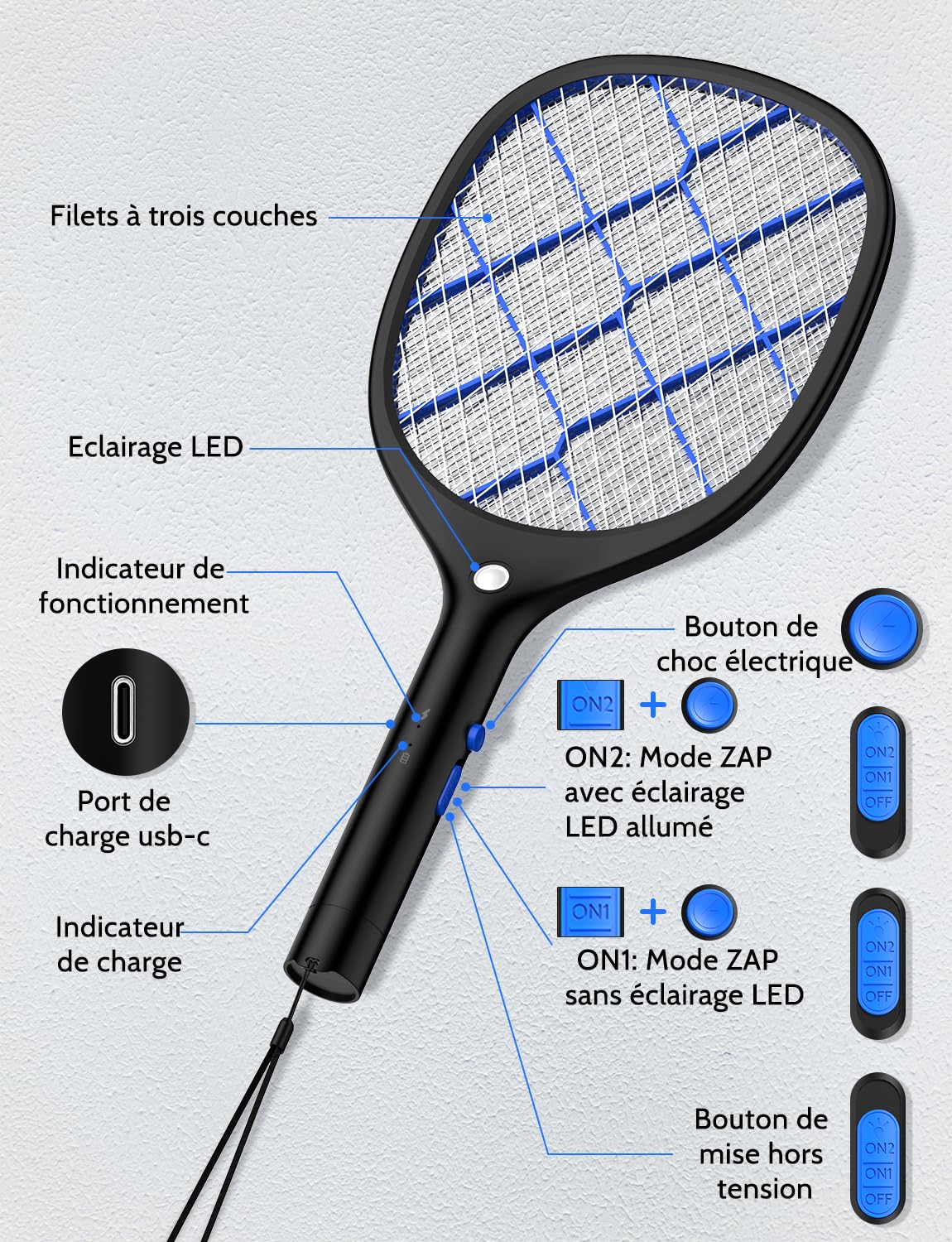 YISSVIC Raquette Electrique Insectes 4000 V Anti Moustique Rechargeable avec LED Noir