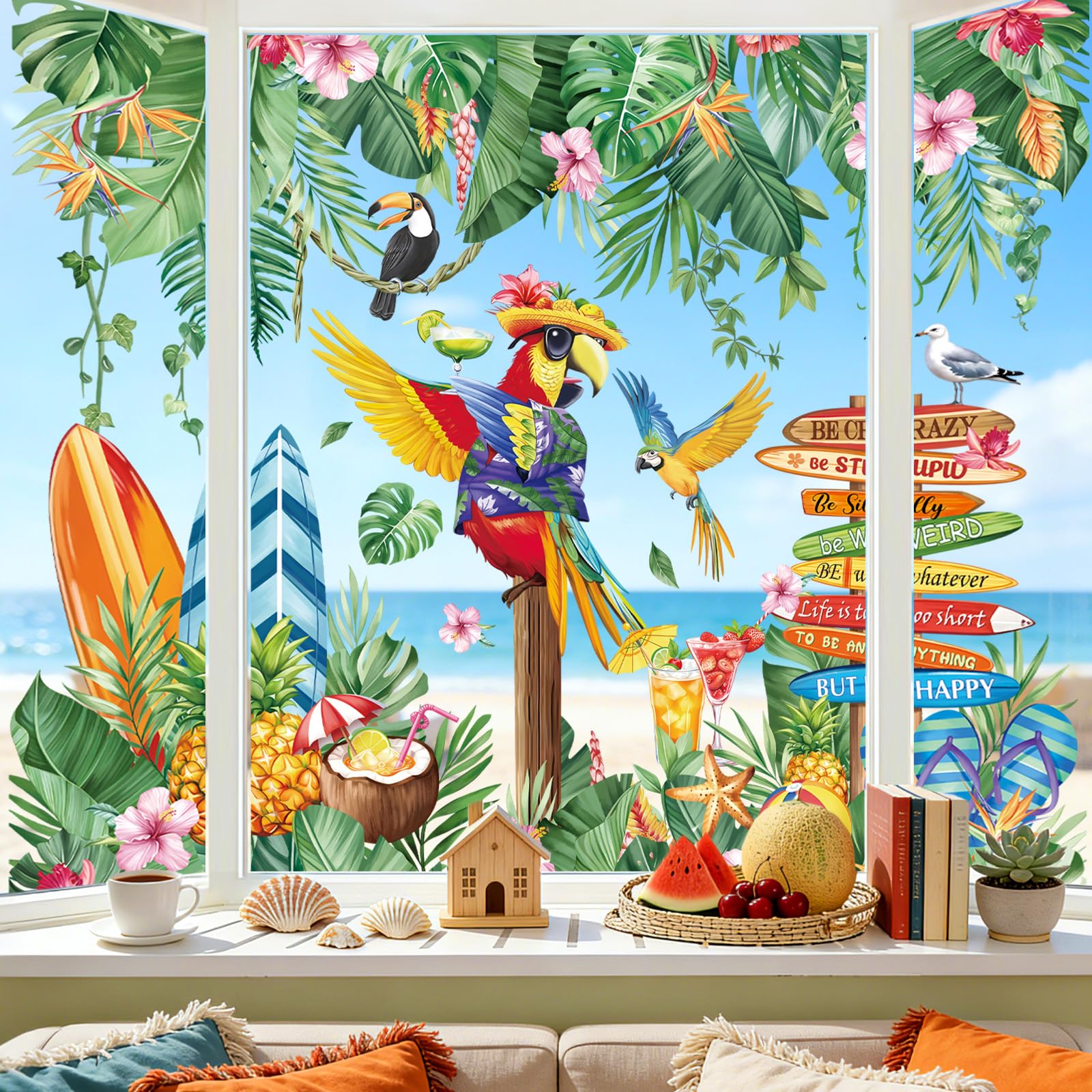 decalmile Autocollants Fenêtre Tropicales Feuilles Pendaison Vigne Été Anti-Collision Stickers Perroquets Tropicaux Plantes Vert Stickers Vitre Anti-Adhésifs Fenêtre Porte Cuisine Décalques
