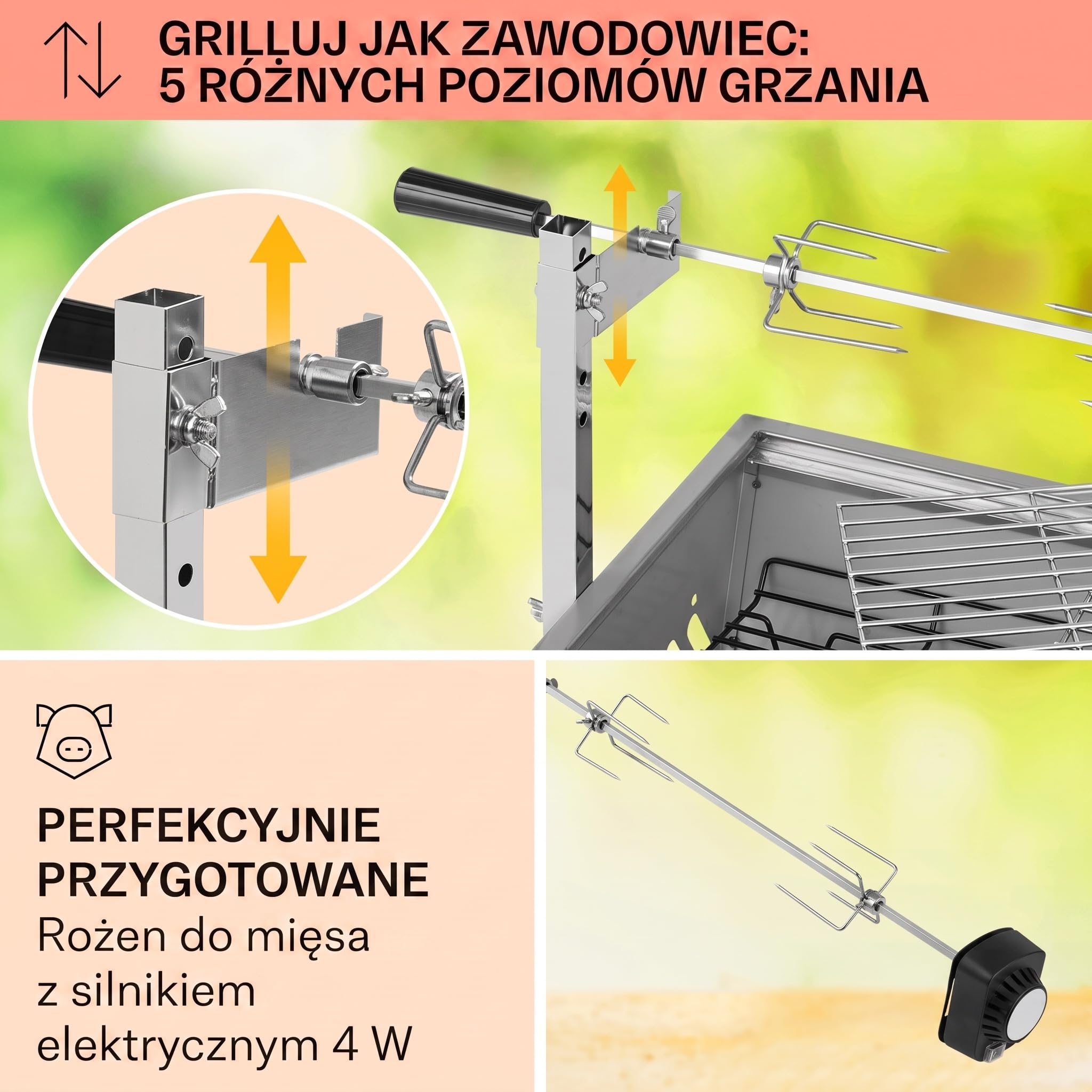 Klarstein Grill rożnowy 2w1 z silnikiem, Mini grill z rożnem, Elektryczny rożnowy do kurczaka i prosiaka, z rusztem ze stali nierdzewnej, węglowy na kółkach