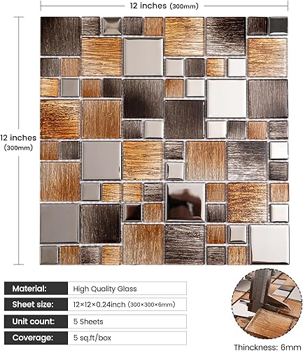 Miniatura 3 de Adedeo Azulejo de mosaico de vidrio marrón y plateado de 12 x 12 pulgadas para pared de baño de cocina, salpicaduras de pared (paquete de 5, 5 pies