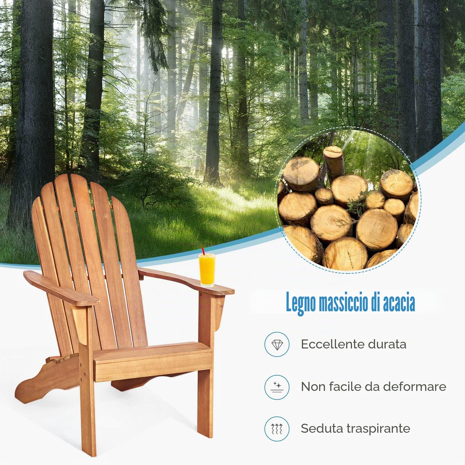 GIANTEX Sedia Adirondack da Giardino, Poltrona in Legno, Pausa da Esterno, Schienale a 6 Righe, Ideale per Estate, Portata di 160kg, 69x88x103cm, Grigio/Naturale/Bianco (naturale)