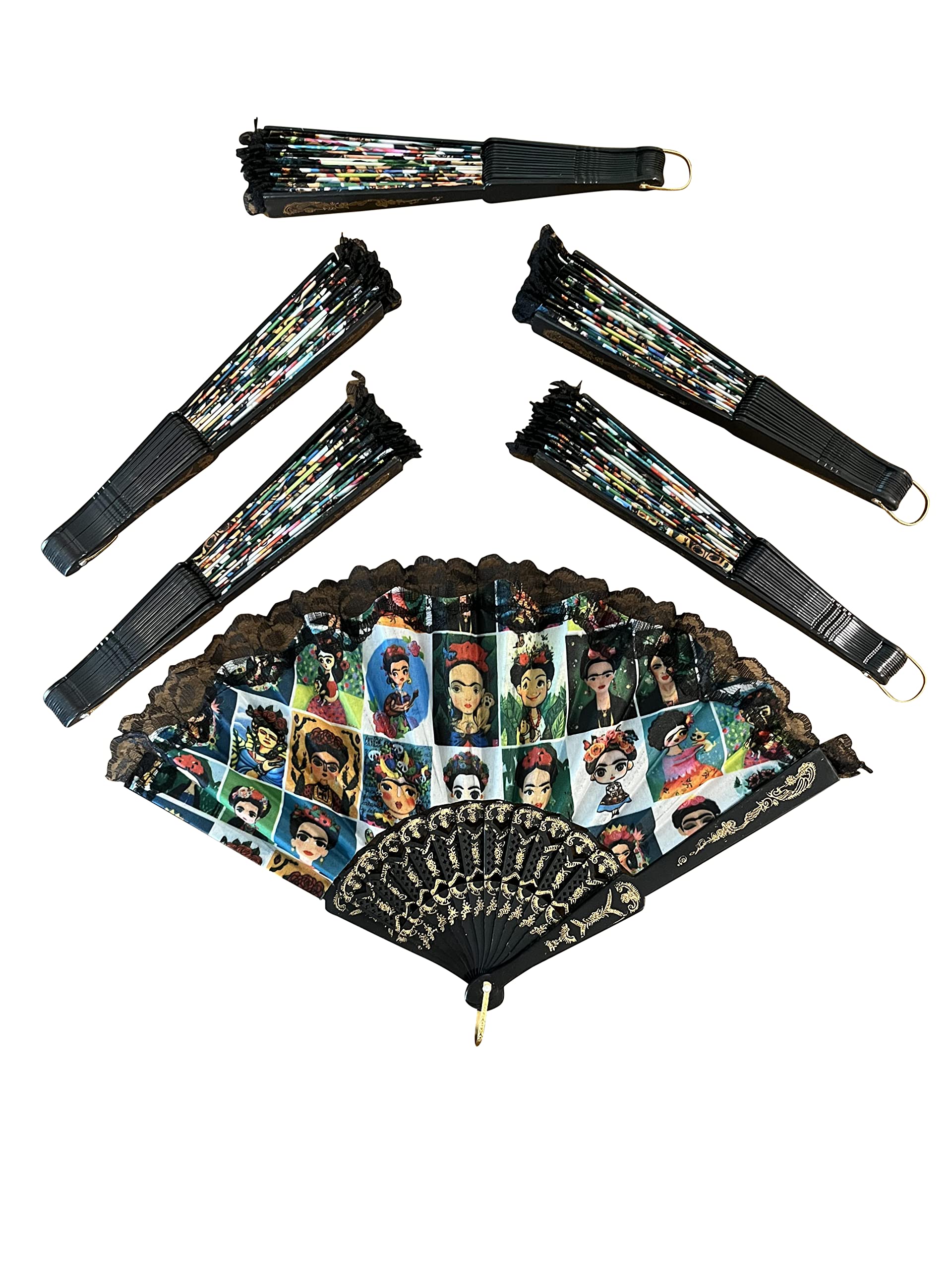 Mexican Artist Frida Inspired 6 Pack Fabric Holding Fan Party Favor Pack Beautiful Images