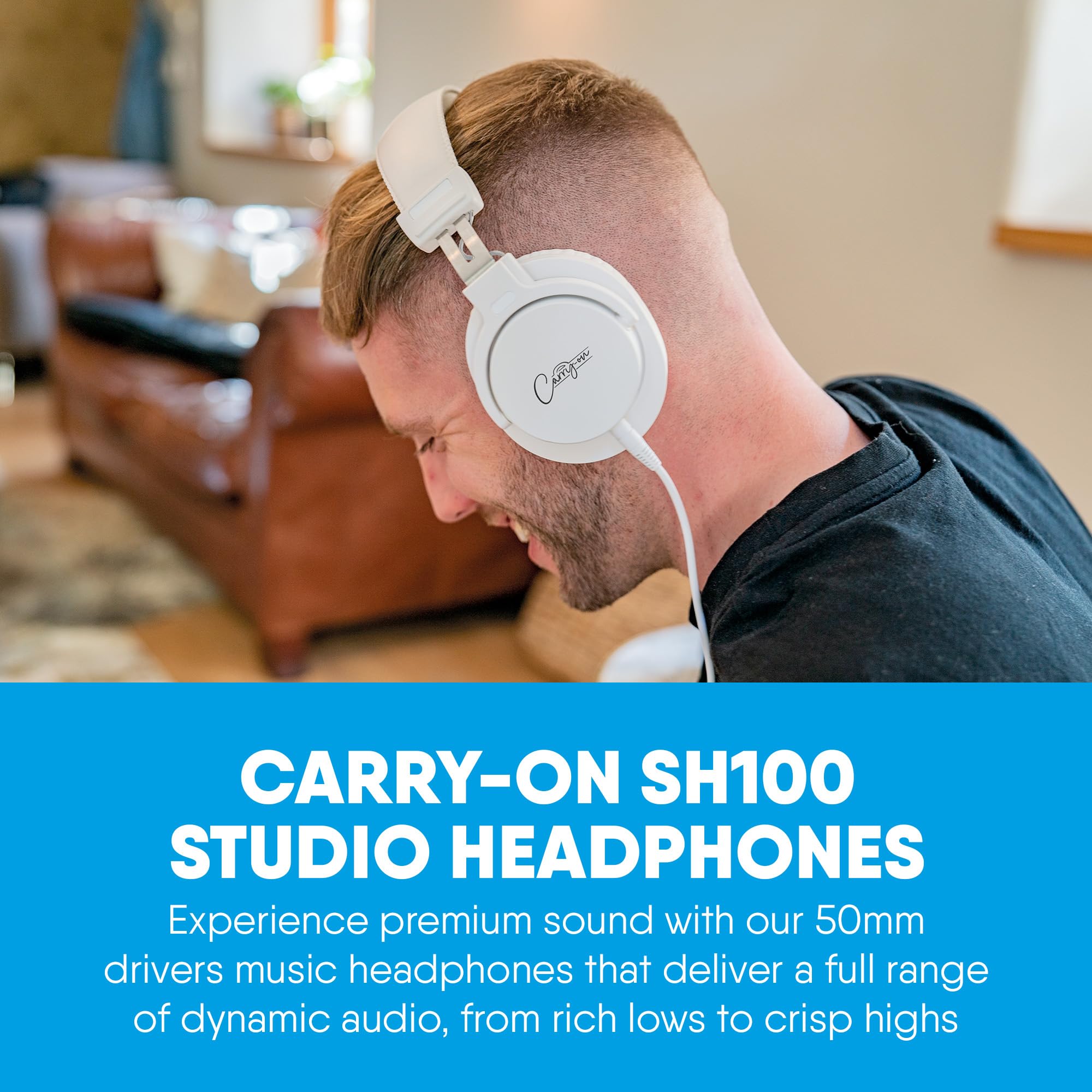 Carry-on SH100 Casque Supra-auriculaire Fermé Serre-tête Rembourré Câble Détachable 3m Jack 3.5mm Adaptateur 6.3mm Inclus Parfait pour la Musique Jeux Podcast et Instruments de Musique Blanc