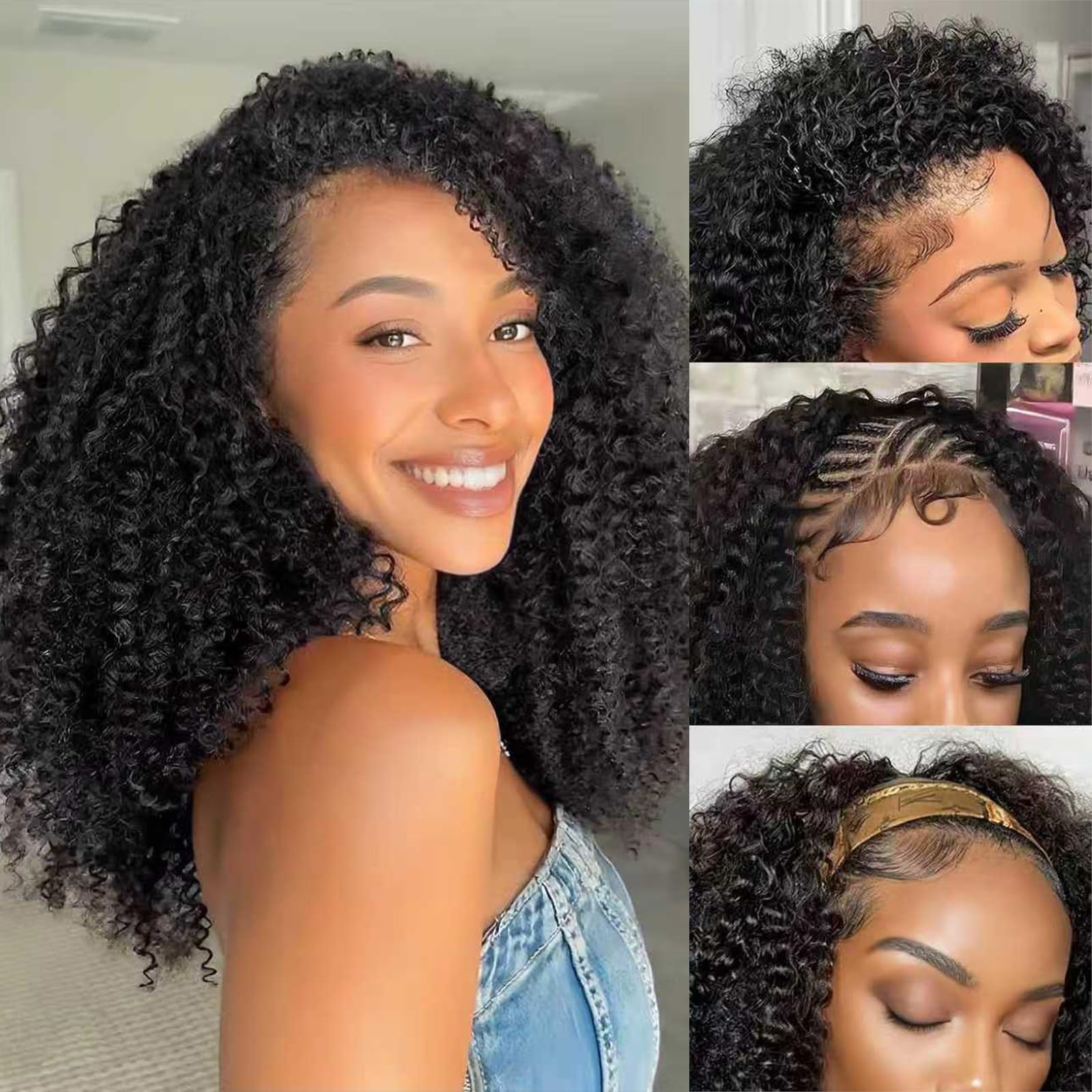 Kinky Curly Half Wig Human Hair 180% Density 3 In 1 Seamless Flip Over Half Wigs Human Hair Glueless Wear and Go Kinky Curly Wig with Drawstring Headband Wigs for Women Invisible Hairline 16 Inch
