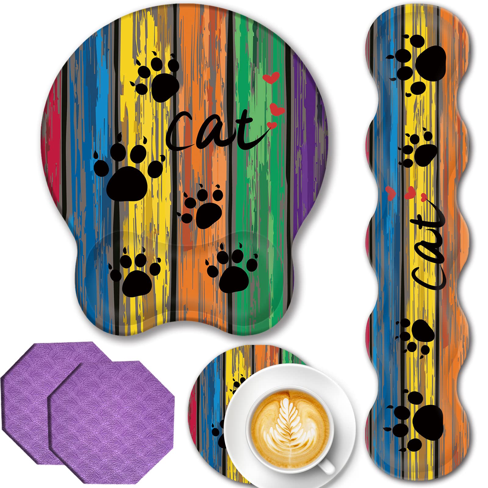 Photo 1 of Wrist Rest Support Ergonomic Gel Mouse Pad & Memory Foam Keyboard Set with Coasters,Non-Slip Rubber PU Base Easy Typing and Pain Relief for Computer Office,Rustic Rainbow Woodgrain Dog Paw