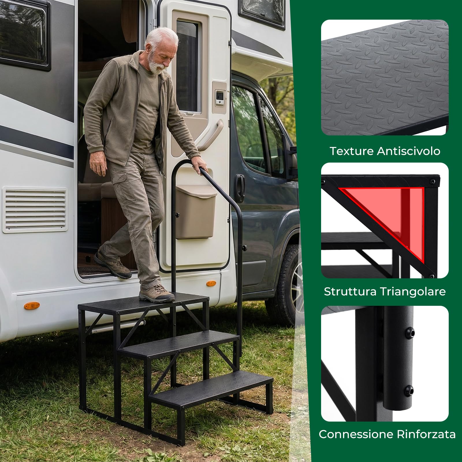 COSTWAY Scala a 3 Gradini per Camper, Gradini per Camper in Acciaio con Maniglia Regolabile Destra/Sinistra e Piattaforme Antiscivolo, Portata 300 kg, Scale Portatile per Vasca, Camper, Casa e Animali