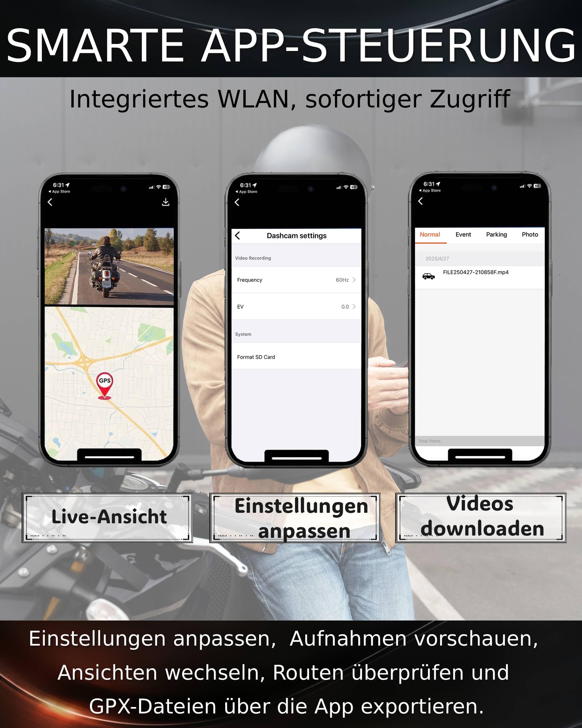Mio Dashcam Motorrad Vorne Hinten kabellos mit akku 4,5 Stunden, dashcam motorradhelm mit Schutzart IP67, 2.5K HDR,GPS, Wi-Fi, 60fps, App-Steuerung, 3 Jahre Garantie (MiVue MP30)