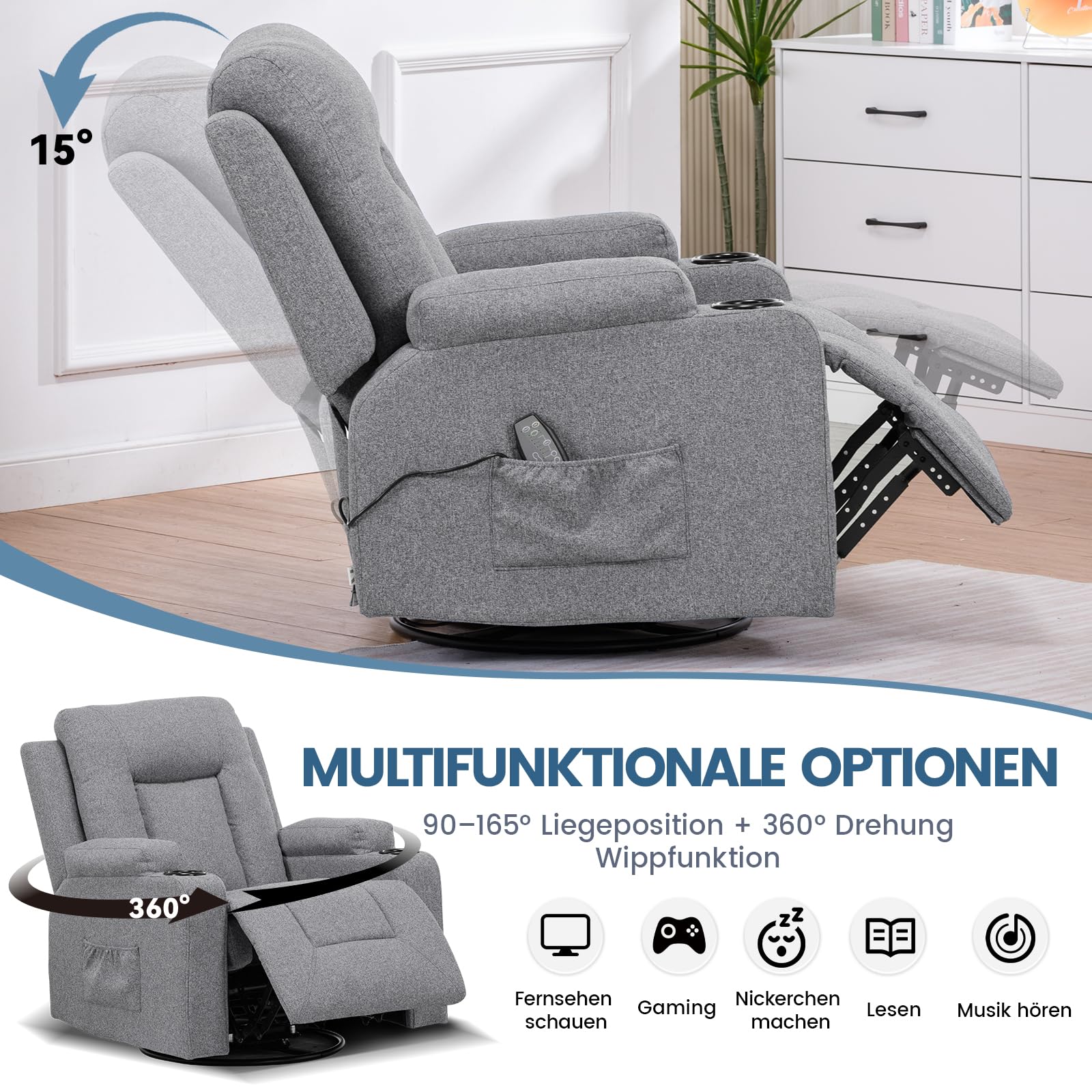 COMHOMA Relaxsessel aus Stoff für Wohnzimmer mit Manuell Verstellbarer Rückenlehne, Ausziehbarer Fußstütze, 360° Drehfunktion, Becherhaltern, Seitentaschen und Ergonomischem Design, Dunkelgrau