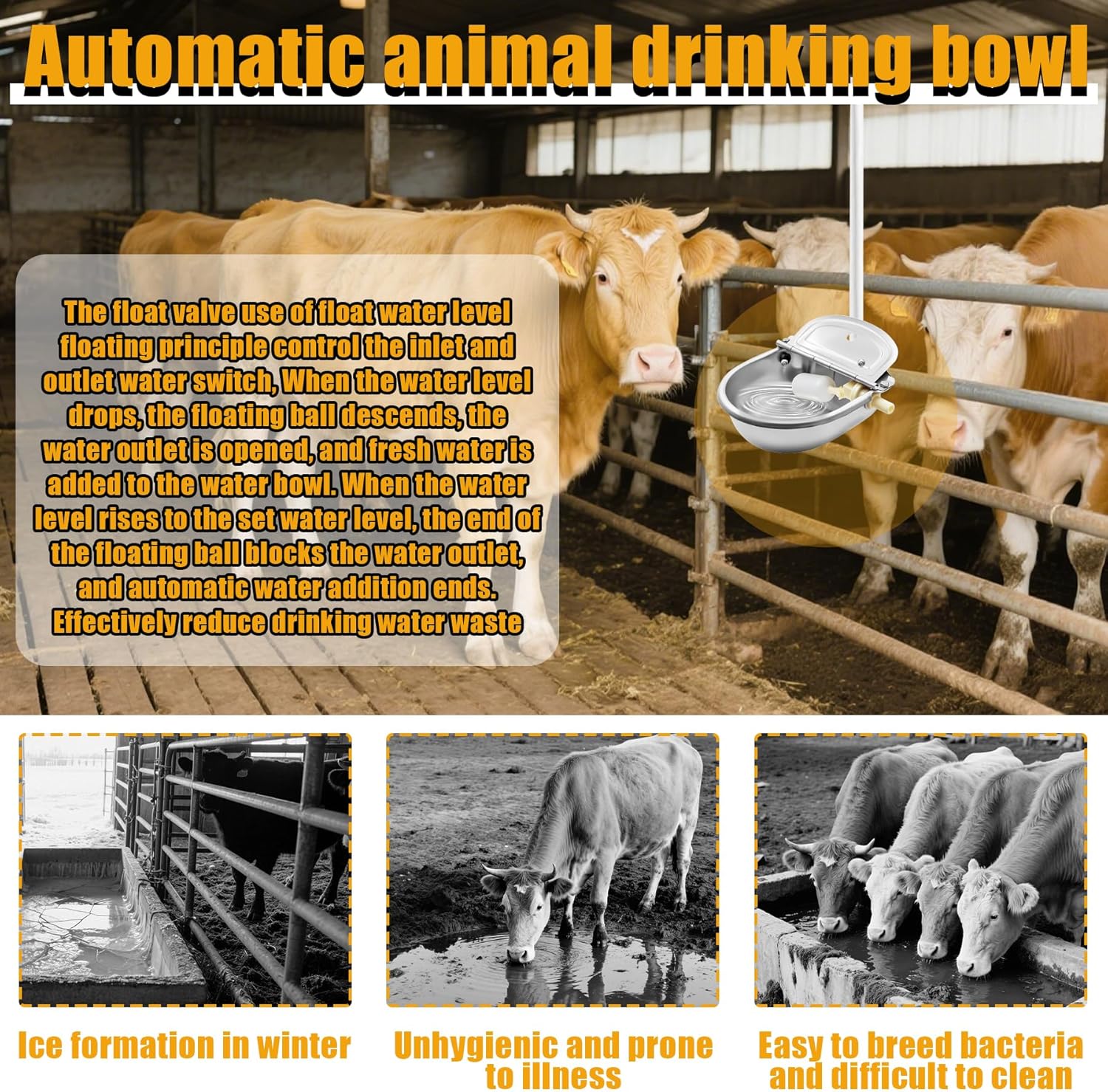 Automatic Animal Drinking Water Bowl with Float Valve and Drainage Hole 304 Stainless Steel Feeder Waterer Livestock Water Trough Suitable for Pet Dog Horse Cattle Goat Sheep 2Pcs（Dia 9in）